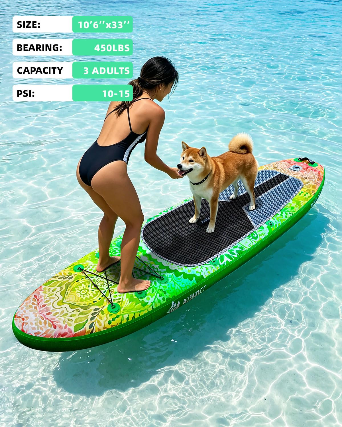 AISUNSS Inflatable Stand Up Paddle Board, 10'6"×33"×6" Extra Wide Stable SUP Board for Adults, Non-Slip Deck ISUP with High-Tracking Center Fin, Complete Paddleboard Kit (Green Meditation)