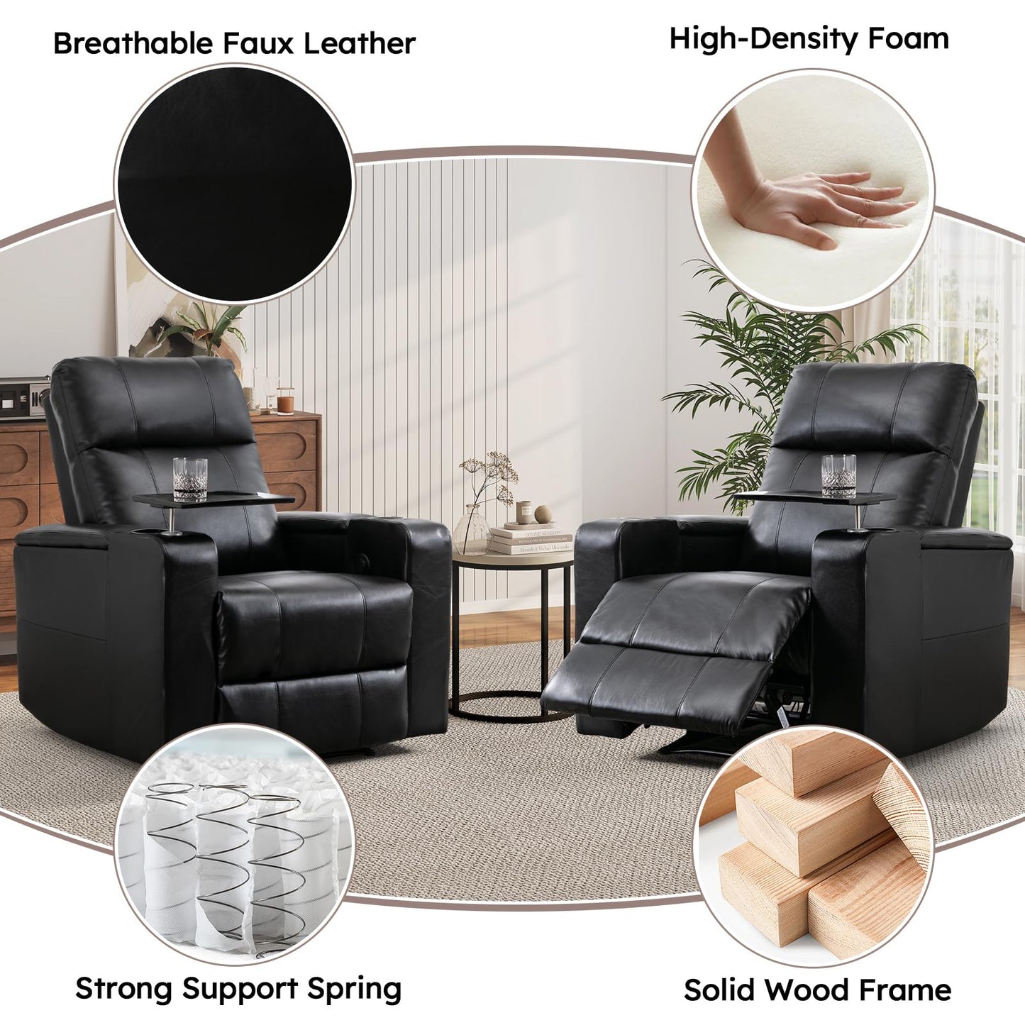 ANJ Home Theater Seating Power Recliner with Hidden Arm Storage, Sigle Faux Leather Recliners with Tray Table, Electric Movie Reclining Chairs with USB Ports & Cup Holders for Media Room, Black