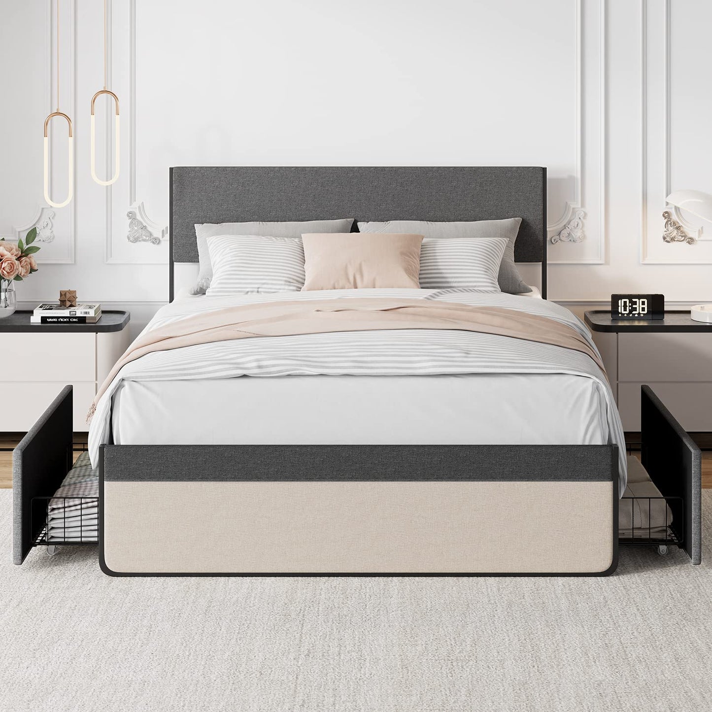 IDEALHOUSE Queen Size Bed Frame with 2 Storage Drawers, Upholstered Platform Queen Bed Frame with Headboard and Footboard, Queen Bed Mattress Foundation with Steel Slats Support, No Box Spring Needed