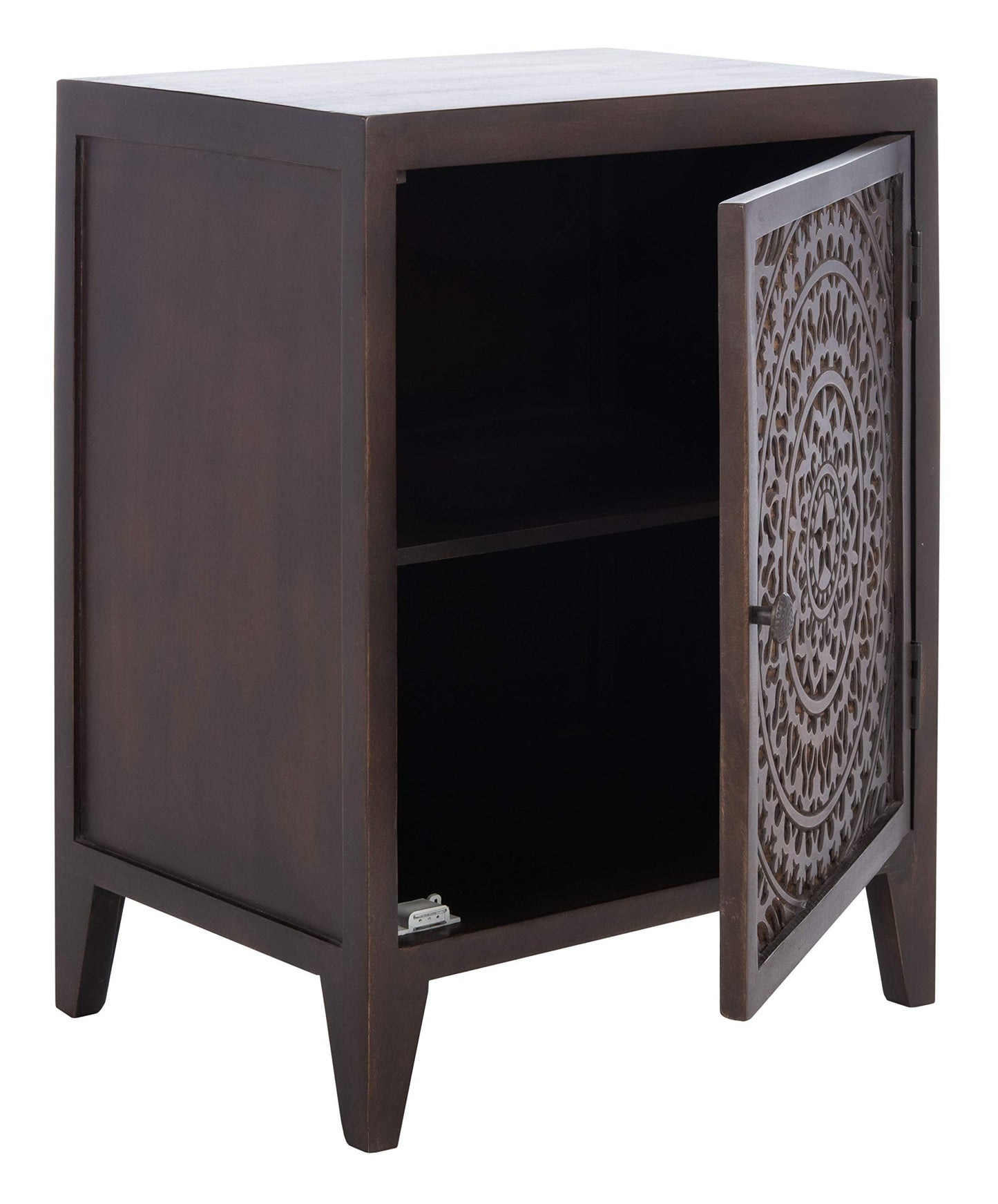 SAFAVIEH Furniture - Thea 1-Door Carved Nightstand - Brown - Mango Wood - Artisan Global Design - Ideal for Bedroom, 20"W x 14"D x 26"H - Fully Assembled (NST5300A)