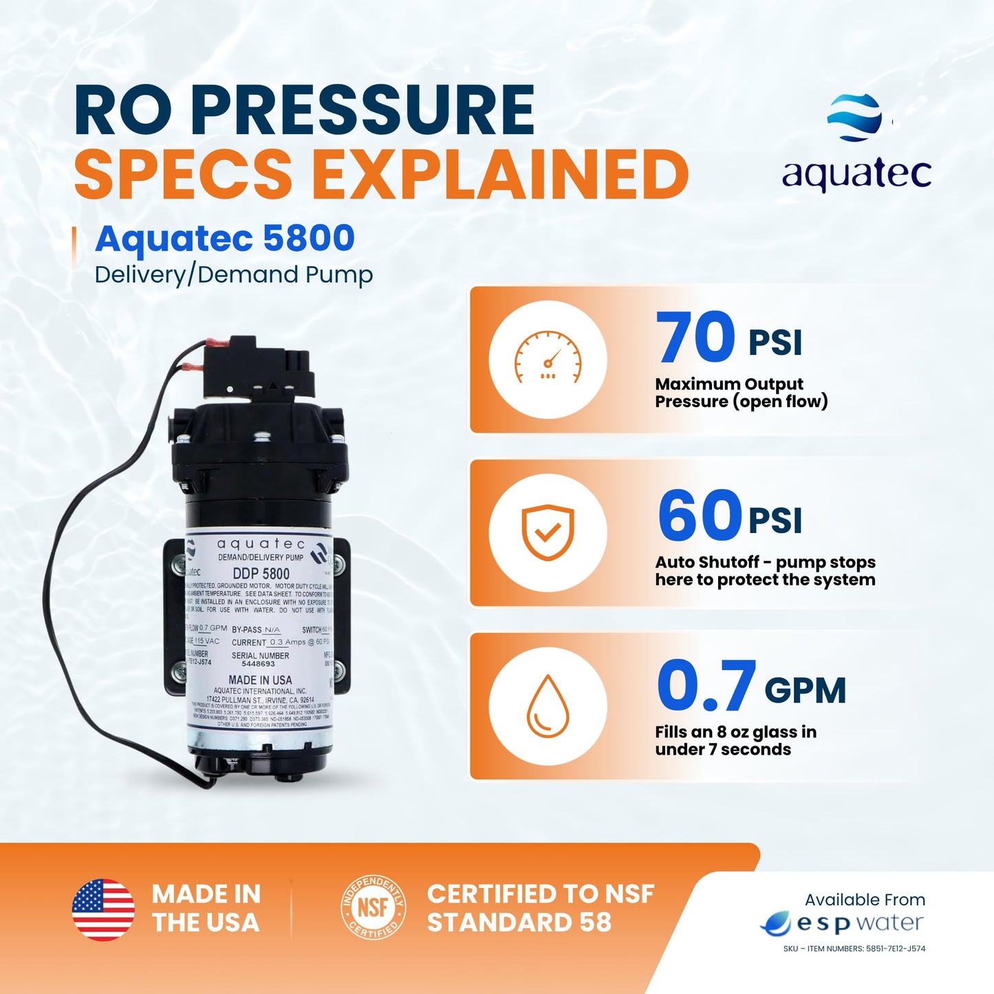 Aquatec DDP 5800 RO Delivery Demand Pump, 0.7 GPM, 3/8-Inch Quick Connect, 120V – High Flow Rate, Durable, Compact, Quiet, Compatible with Most Tank-Based Reverse Osmosis Systems 5851-7E12-J574