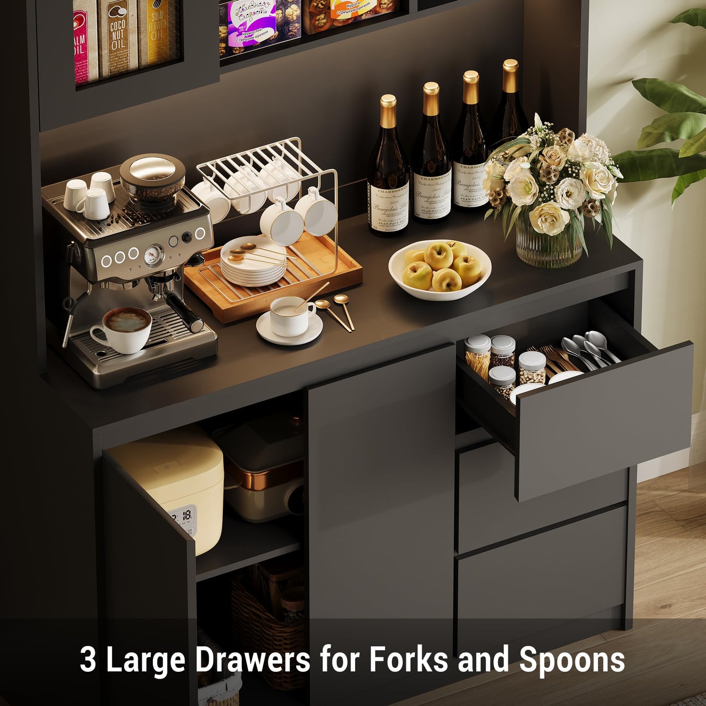 Garvee Kitchen Pantry Cabinet,71 in Tall Storage Cabinet with Doors and Shelves Adjustable, Kitchen Storage Hutch with Microwave Shelf, Led Lights and Charging Station,Corner Pantry Cabinet, Black