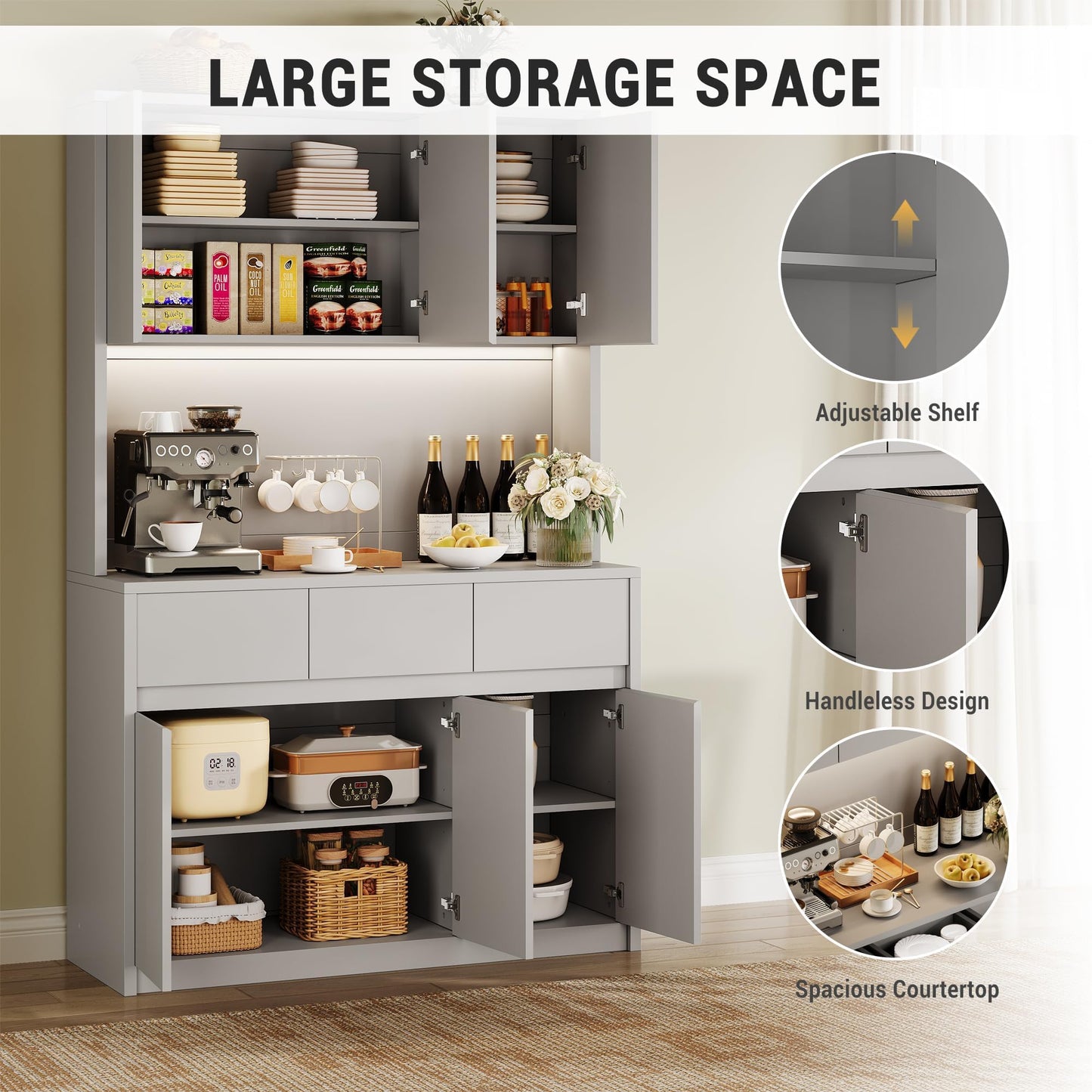 71" Kitchen Pantry Cabinet,Tall Storage Cabinet with Doors & Shelves Adjustable, Kitchen Storage Hutch with Microwave Shelf,Coffee Bar,Led Lights&Charging Station,Corner Pantry Cabinet for Living Room