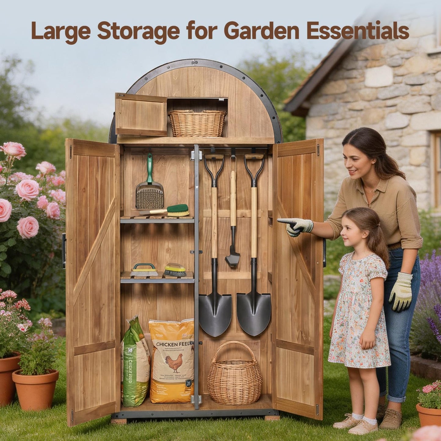 NORTHSKY All-in-One Shed Outdoor Storage, Waterproof Lockable Vertical Garden Shed, Solid Wood Shed Storage Cabinet with Metal Frame & Domed Roof for Patio Backyard Garden Lawn Tool Equipment