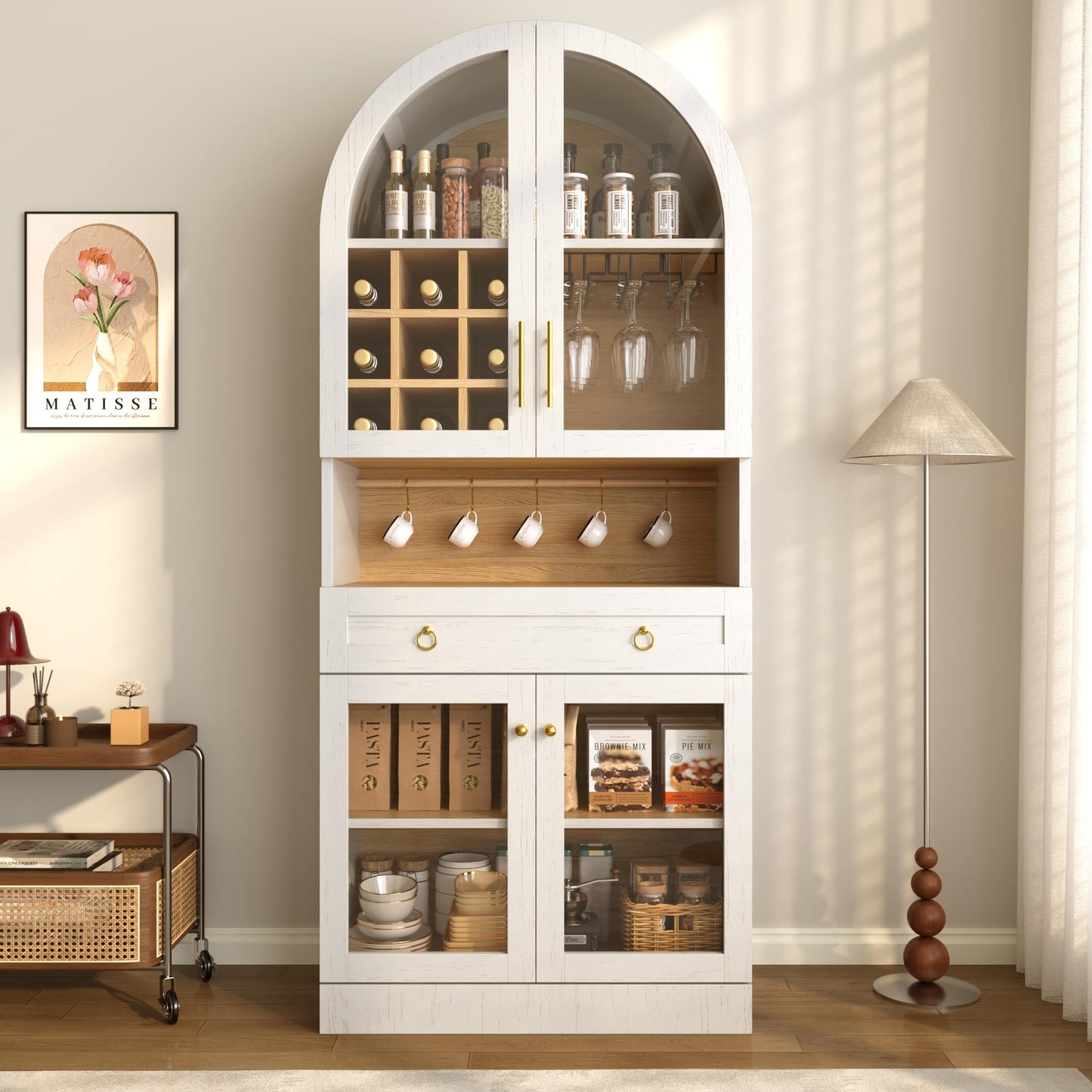 Merax 70" Tall Arched Farmhouse Pantry Cabinet with Glass Doors, White