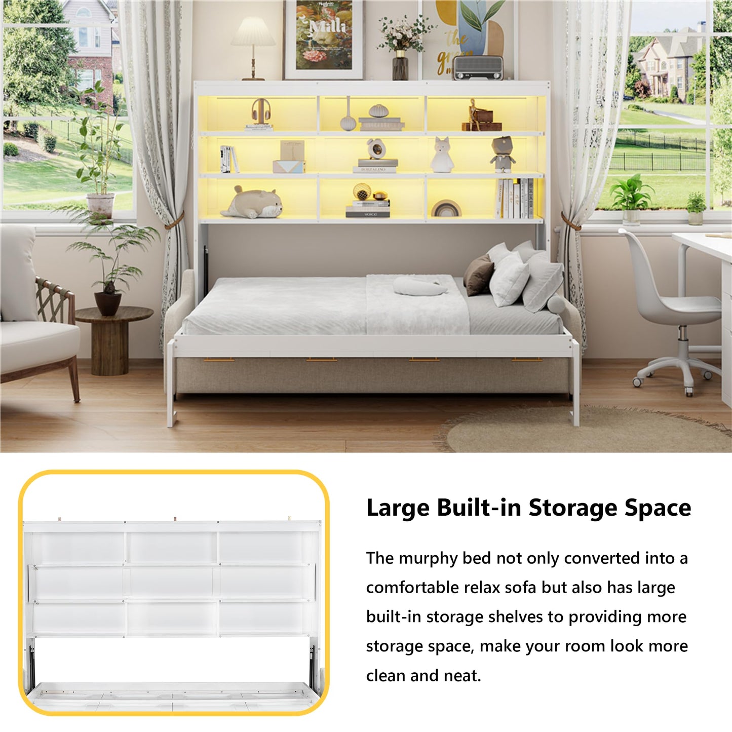 Queen Horizontal Murphy Bed with Sofa and Storage Shelves,LED Light,Solid Wood Space Saving Hideaway Murphy Wall Bed with Couch and Storage for Adults (Beige,Queen)