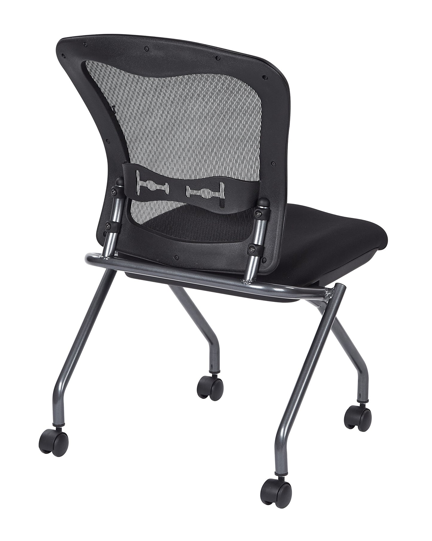 Office Star Deluxe Breathable ProGrid Back Armless Folding Chair 2-Pack with Rolling Casters and Titanium Finish Frame, Coal FreeFlex