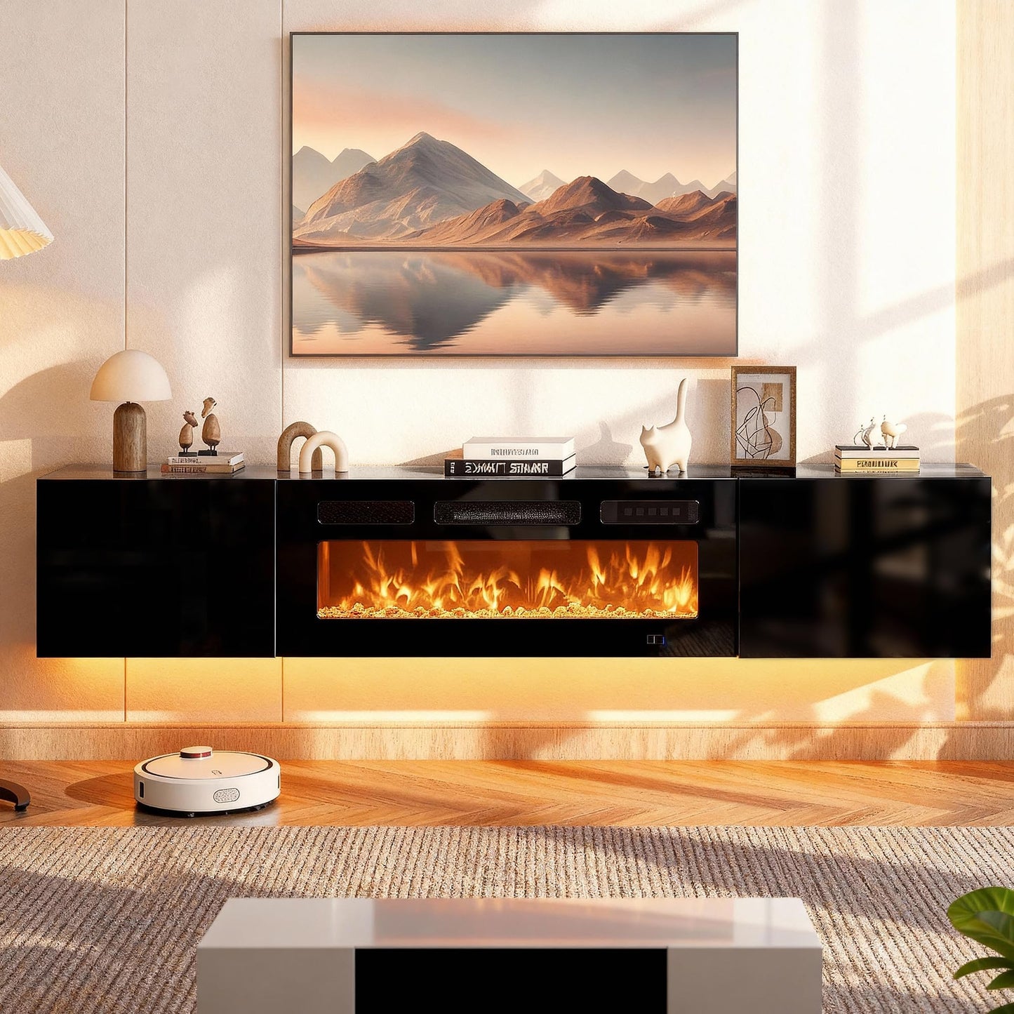 MXV 70'' Floating TV Stand, Modern Media Entertainment Center with 36" Electric Fireplace, TV Console Cabinet Wall Mounted, Adjustable 12-Color LED Lights, for Living Room, Black + Black