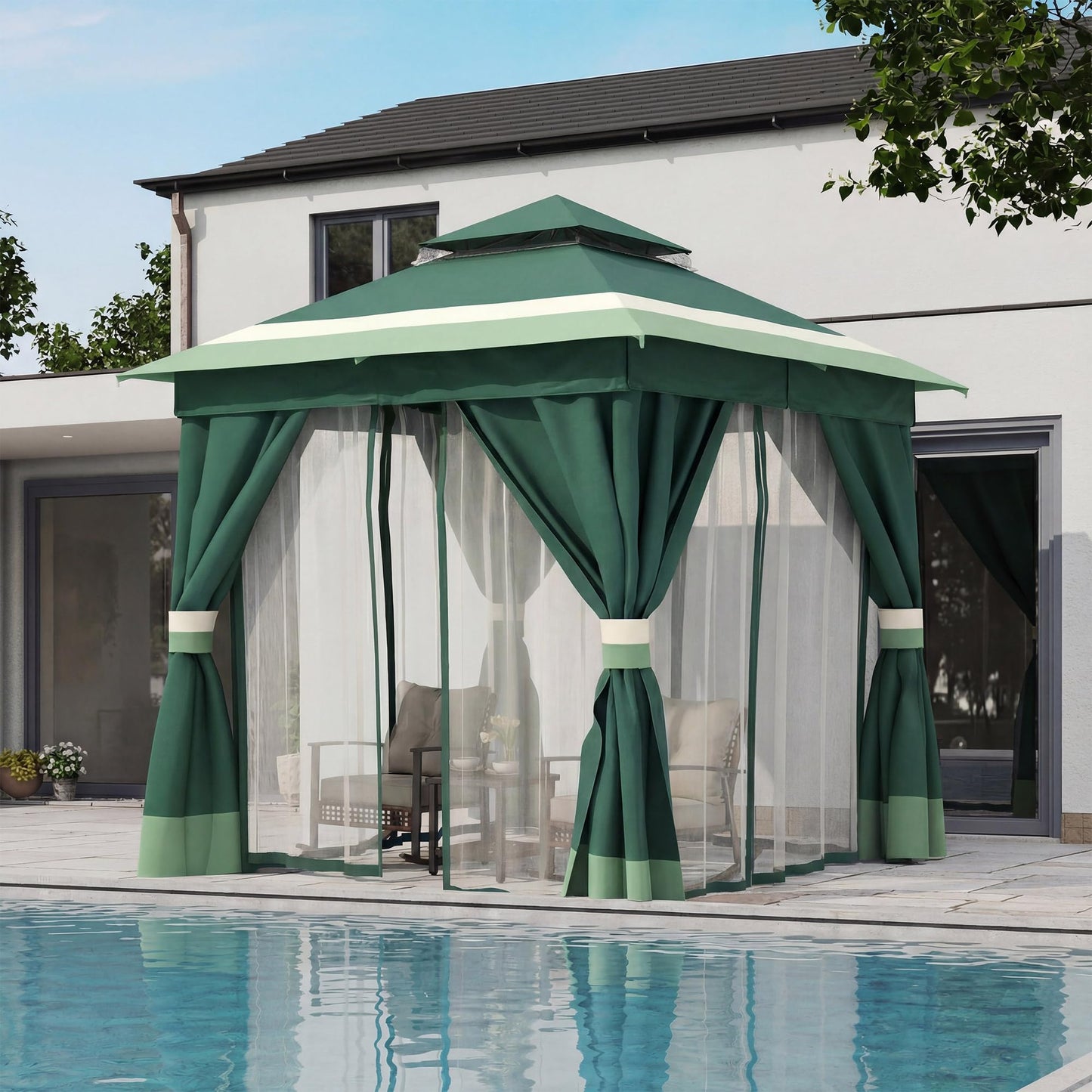 LAUSAINT HOME Patio Gazebo 8'x8', Outdoor Heavy Duty Party Tent Shelter with Double Roofs, Mosquito Nettings and Privacy Screens for Backyard, Garden, Lawn, Forest Green