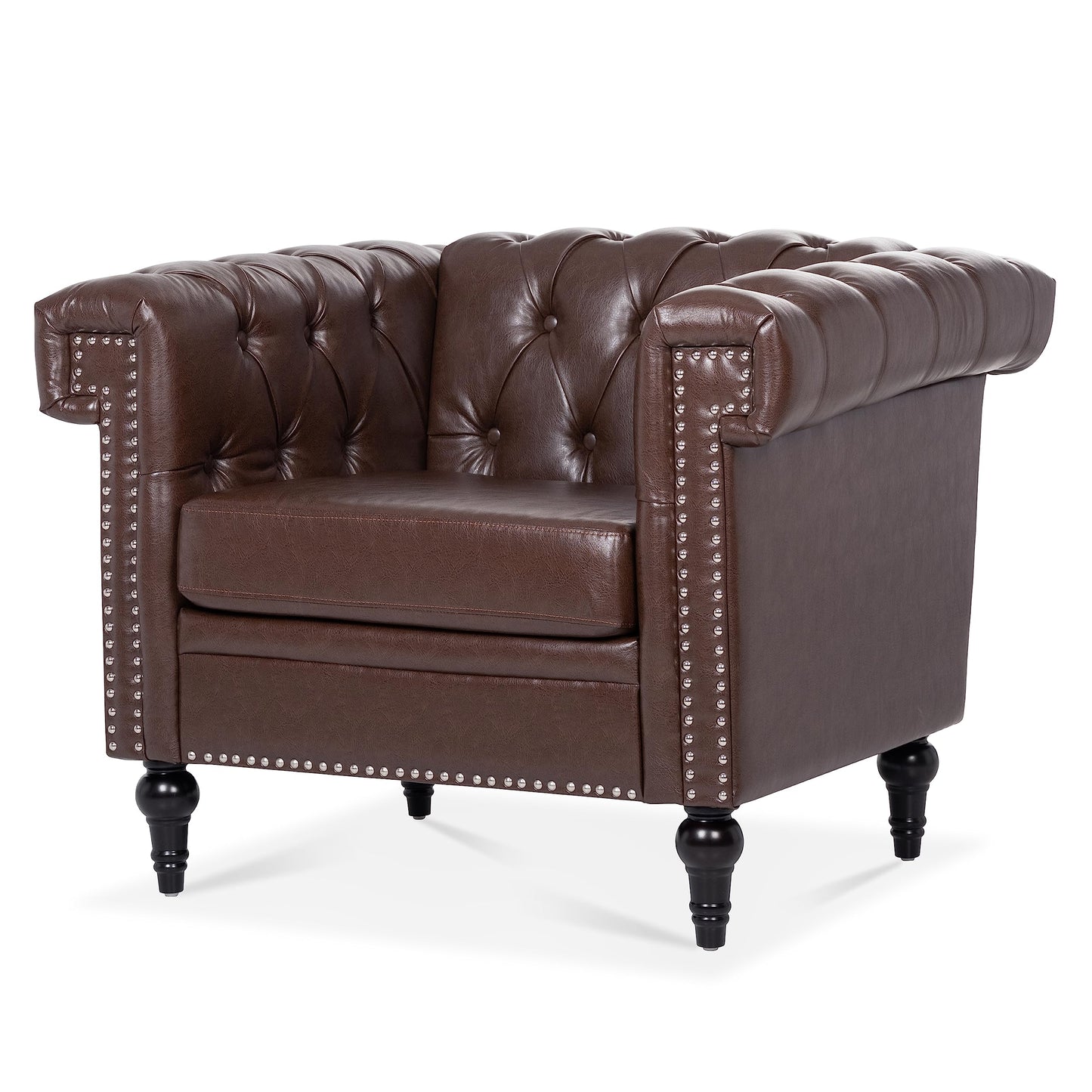 GDFStudio 39" Mid-Century Modern Sofa PU Leather Accent Couch with Rivet Trim, Deep Seat Single Sofa Chair with Rolled Arms, Solid Wood Legs, Vintage Couch for Living Room, Brown