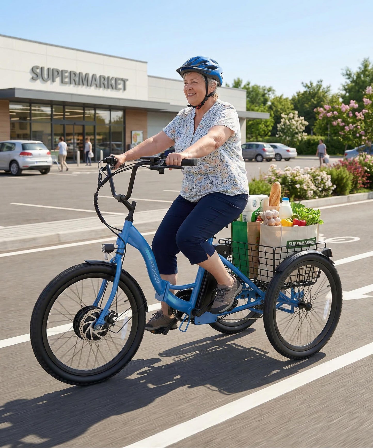 ANCHEER Electric Tricycle for Adults, Peak 600W Folding Electric Trike, 24" 499Wh Ebike for Seniors, 15.5MPH Electric Bike, Removable Battery, 3 Wheel, LCD, Rear Differential, Basket (Blue)
