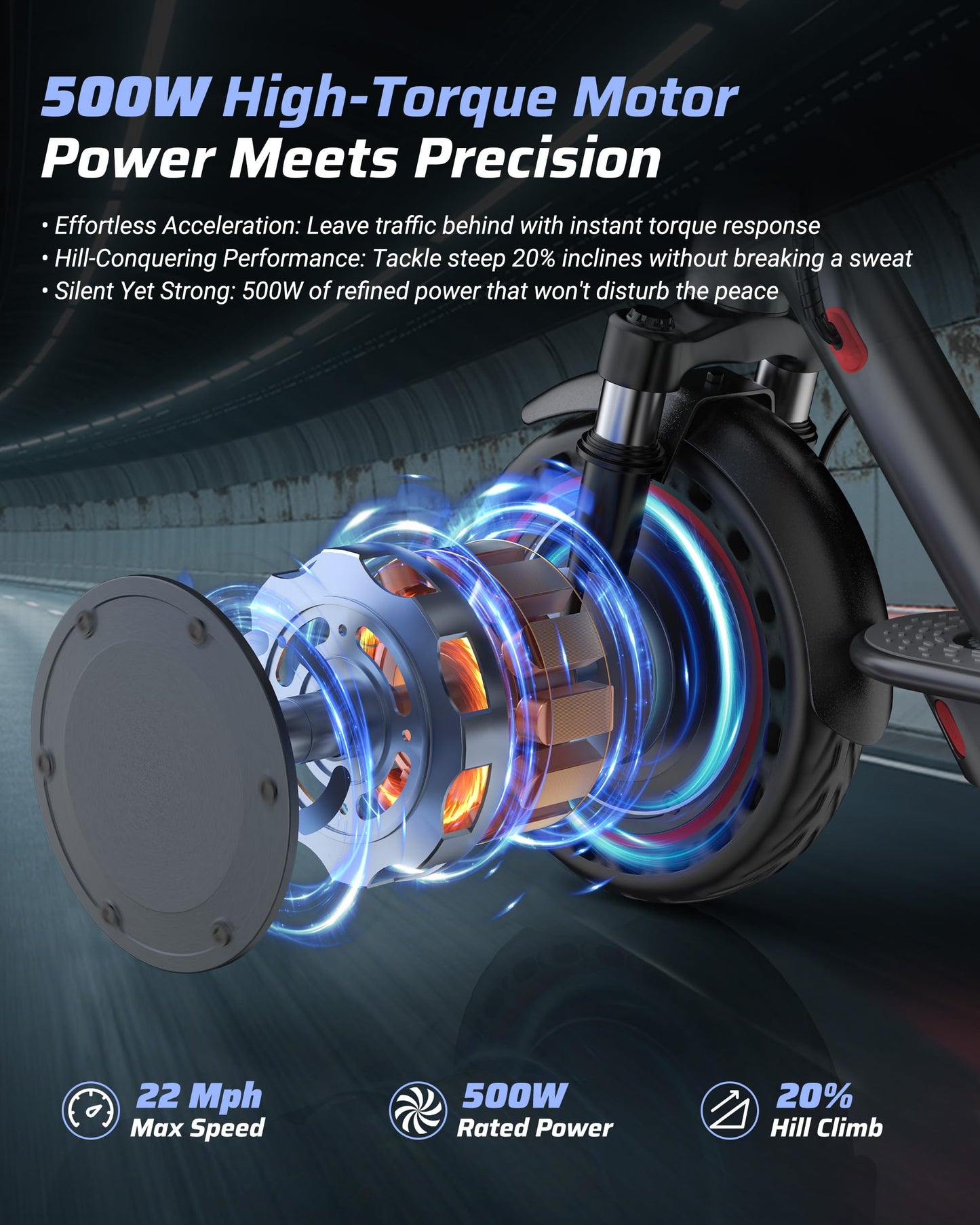 Qlaway 500W Motor Adult Electric Scooter - 22 Mph Maximum Speed & 22 Miles Range, 10" Solid Tires, Aluminum Alloy Folding Kick Scooter with Dual Suspension