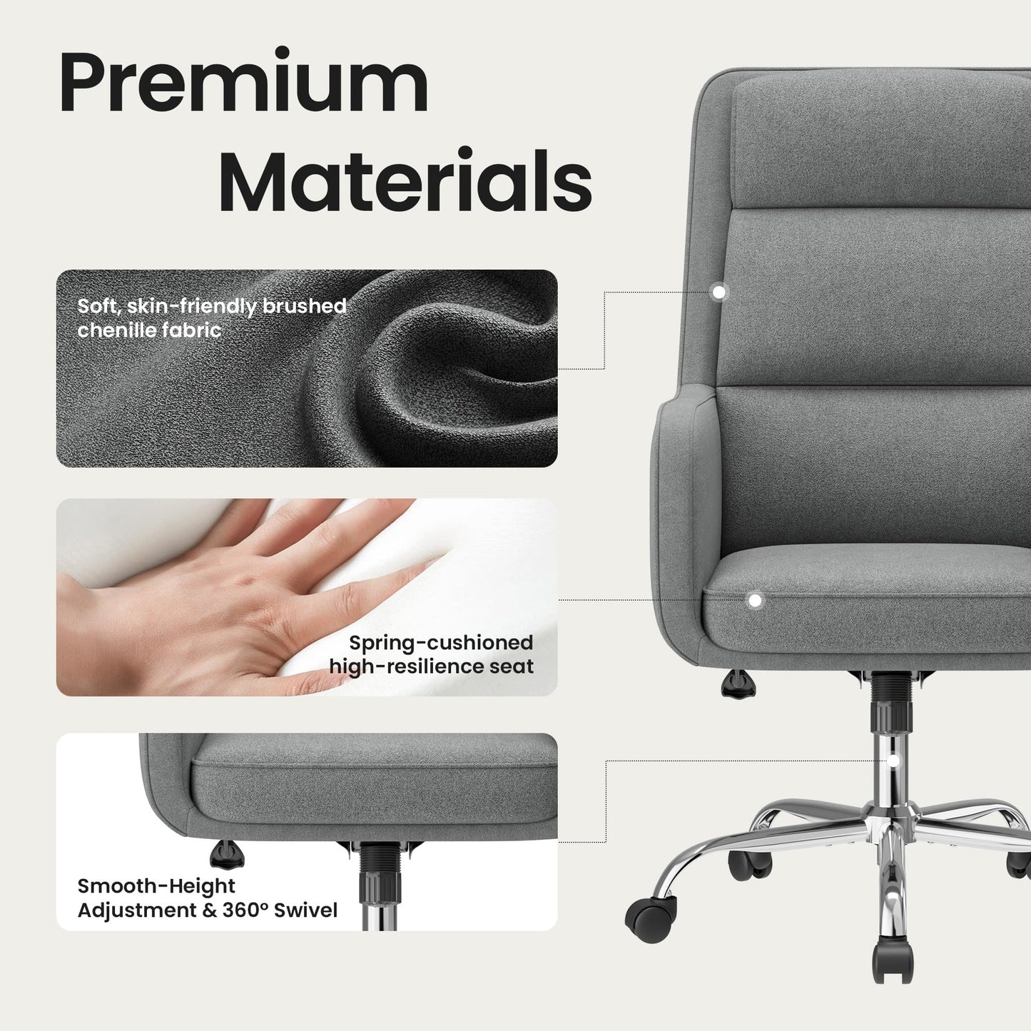COLAMY Cocoon Modern Executive High Back Home Office Chair, Upholstered Desk Chair with Wheels, Vanity Chair with Head and Lumbar Support, Armrest (Gray)