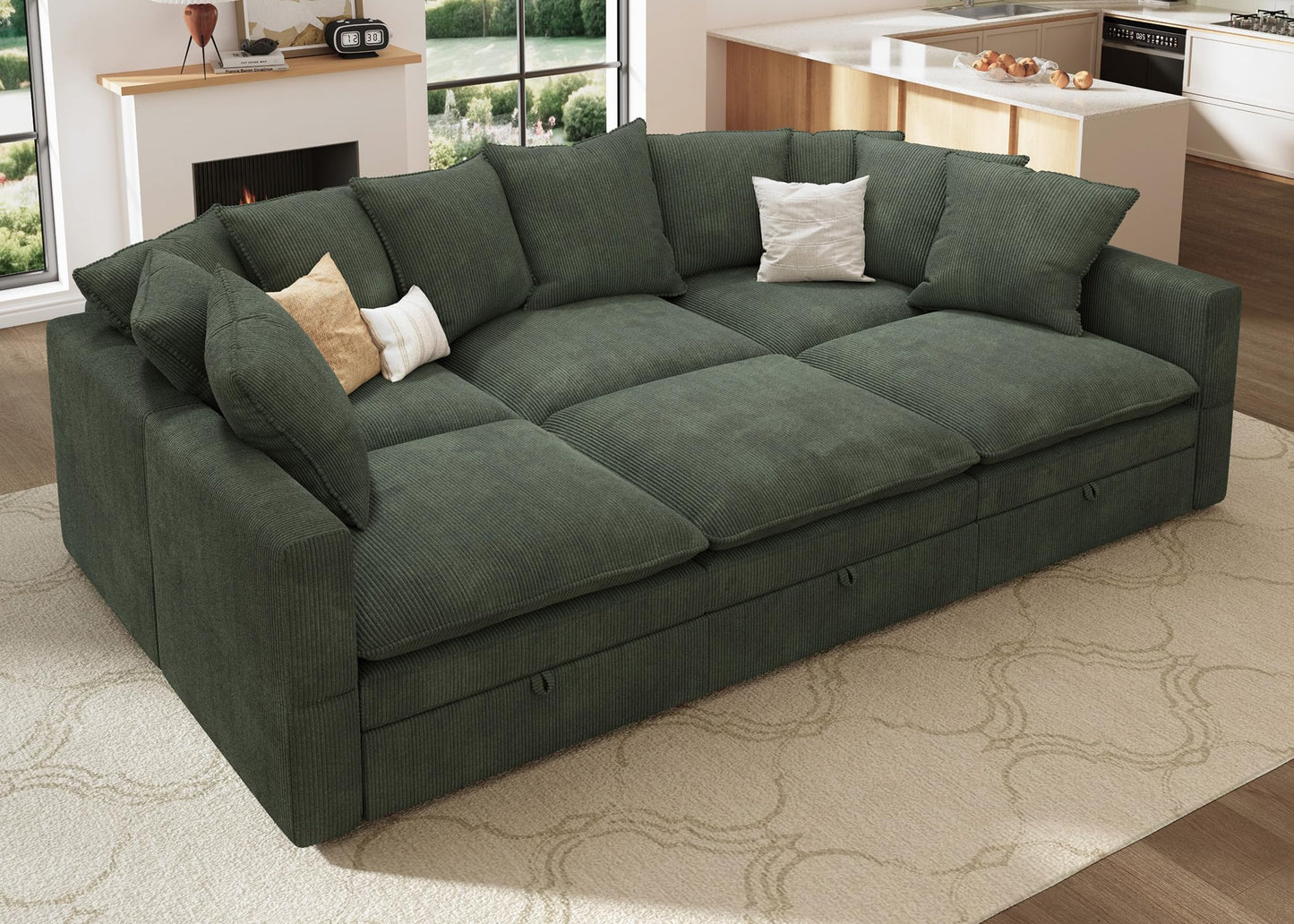 HONBAY Modular Sectional Sleeper Sofa, Corduroy 6 Seater Couch with Storage, Sectional Sleeper Couches for Living Room, Green