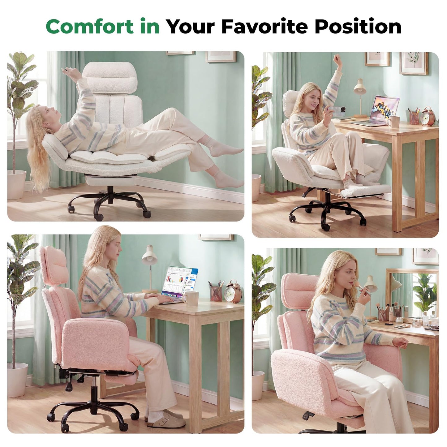 HOMRELEXA Criss Cross Office Chair with Armrests & Wheels, Comfy Velvet Vanity Chair, Ergonomic Executive Gaming Computer Chairs with Foot Rest, Wide Seat Reclining Desk Chair, Pink