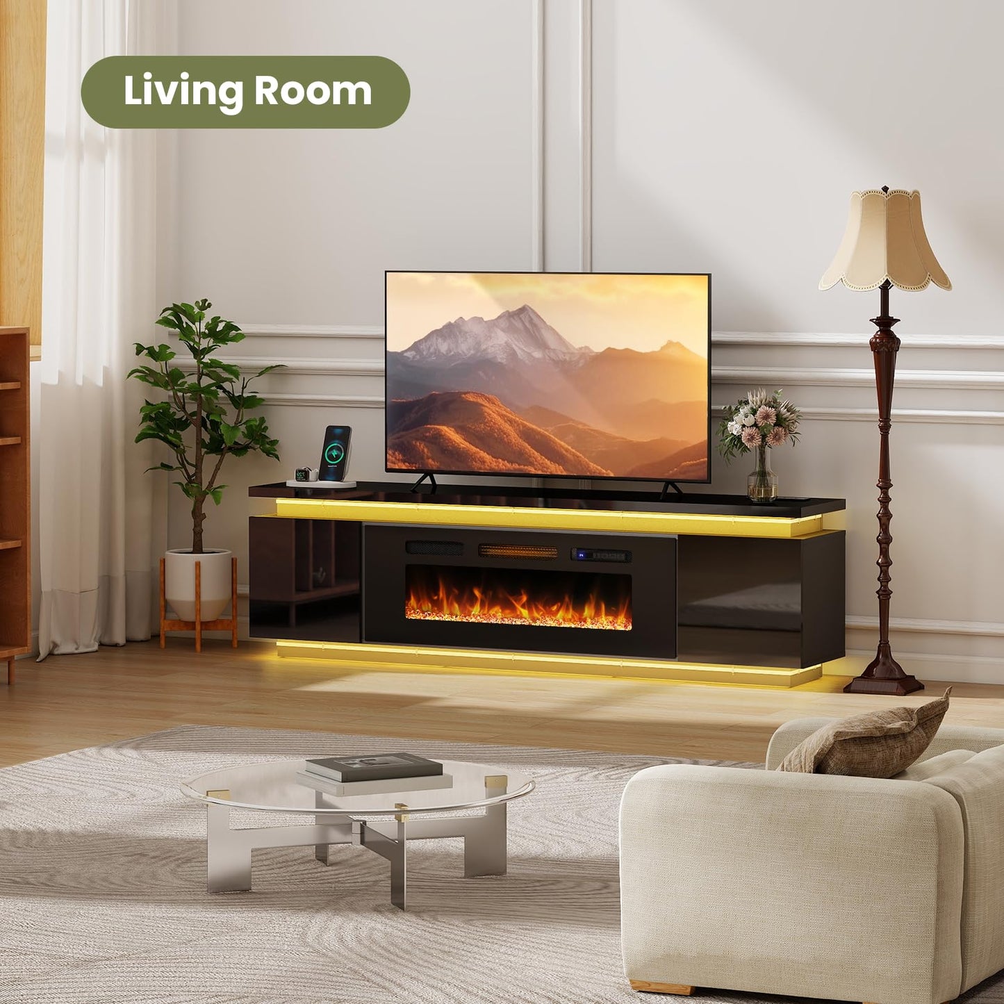 Lamtor Fireplace TV-Stand with 40" Fireplace - 2 LED Light TV-Stand for 85 inch TVs - Entertainment Center with 4 AC Power Outlets - 2 Tier TV Consoles Stand for Living Room, Black