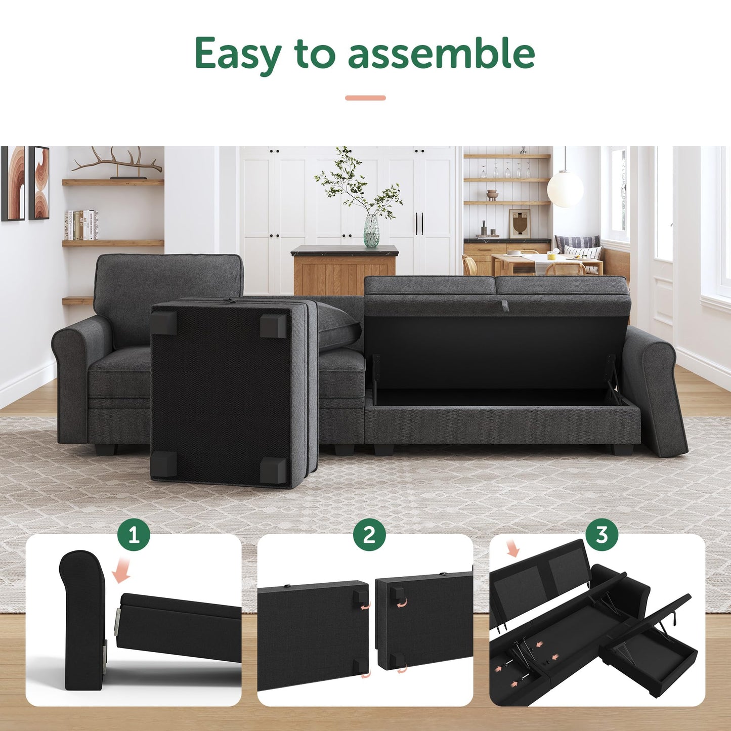 HONBAY Sectional Sofa with Storage Seat U Shaped Couch with Reversible Chaise Convertible Sectional Couches for Living Room,Dark Grey