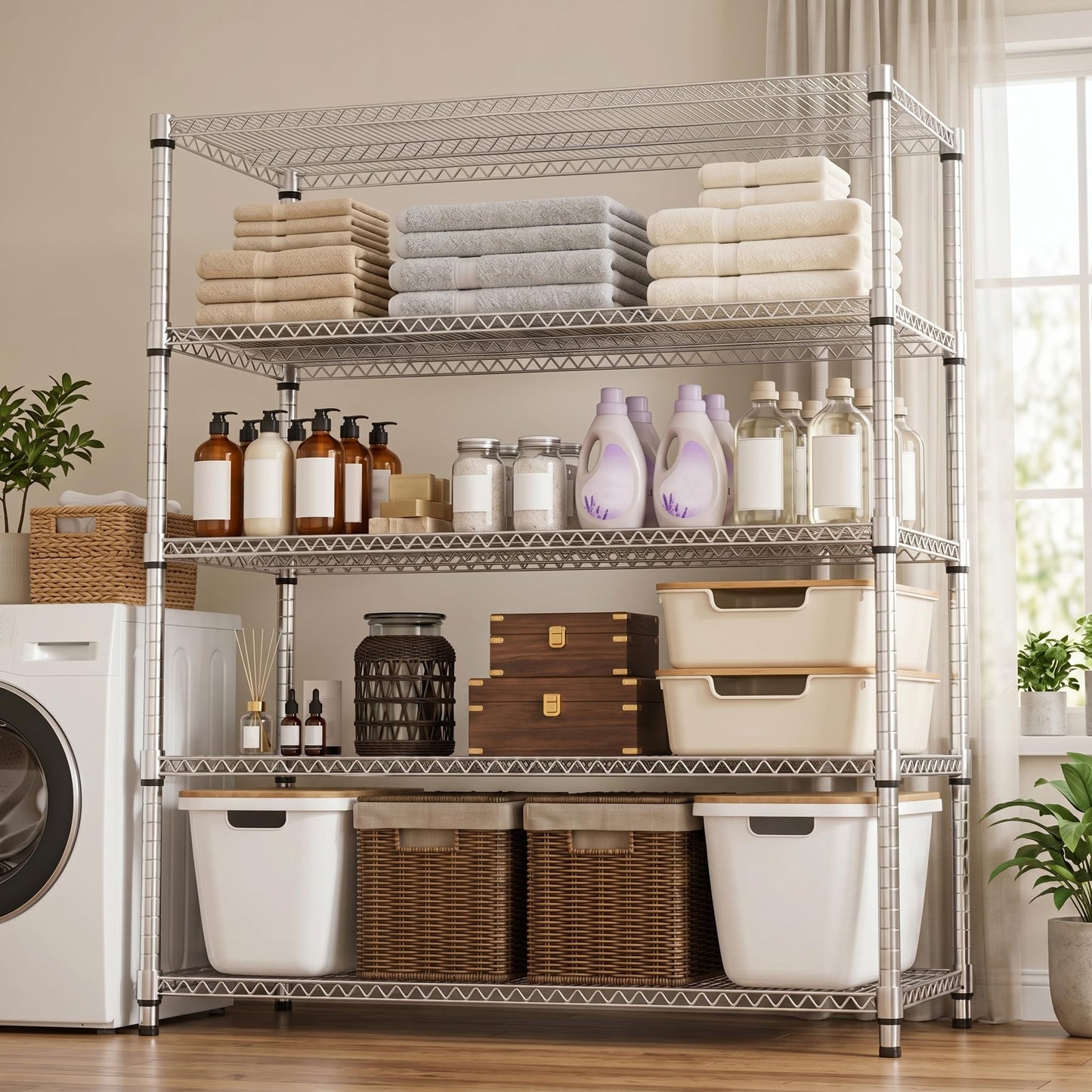 M MZG 5-Shelf Heavy Duty Garage Shelving Wire Adjustable Storage Rack for Kitchen Laundry Bathroom Pantry 3300 lbs Capacity Silver 17.7 x 59.1 x 70.4 Inch