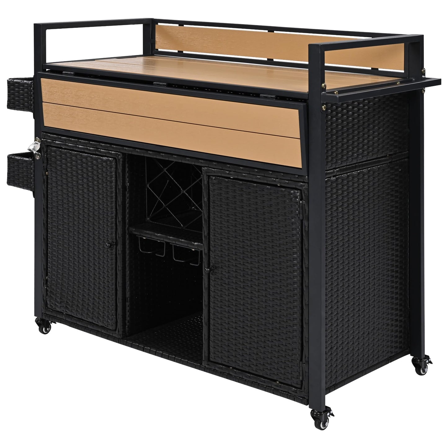 YOPTO Outdoor Grill Cart with Foldable Design,7-Tier Shelves,Lockable Wheels,Wine Rack & Weather-Resistant Wicker Rattan for Indoor/Outdoor Use,Black Brown