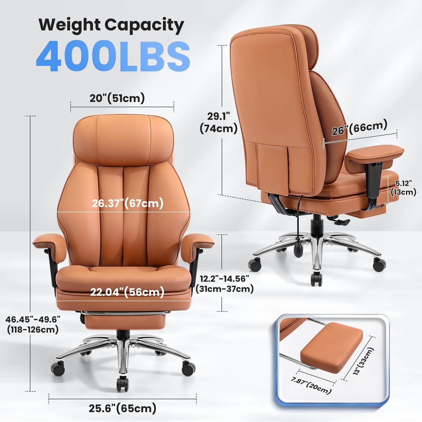 BestGlory Office Desk Chair with Inflatable Lumbar Support, Ergonomic Office Chair [Upgraded Double-Layer Cushion & Footrest], 400 LBS Big and Tall Computer Desk Chair for Home Office Gaming, Brown