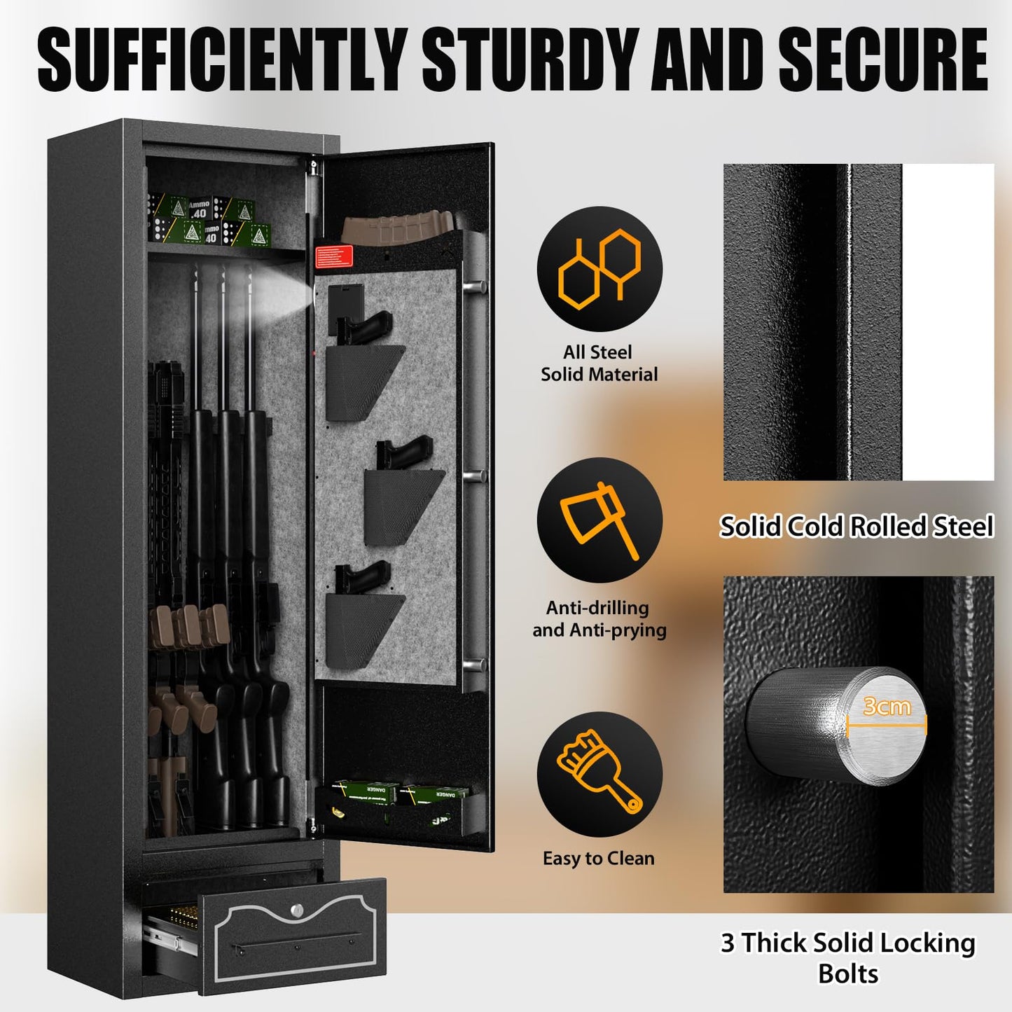 Zevemomo Gun Safes, 8 Gun Cabinet Rifle Safe for Home, Quick & Easy Access Gun Safe for Rifles and Pistols with LED Light & Drawer, Electronic Lock(No assembly required)