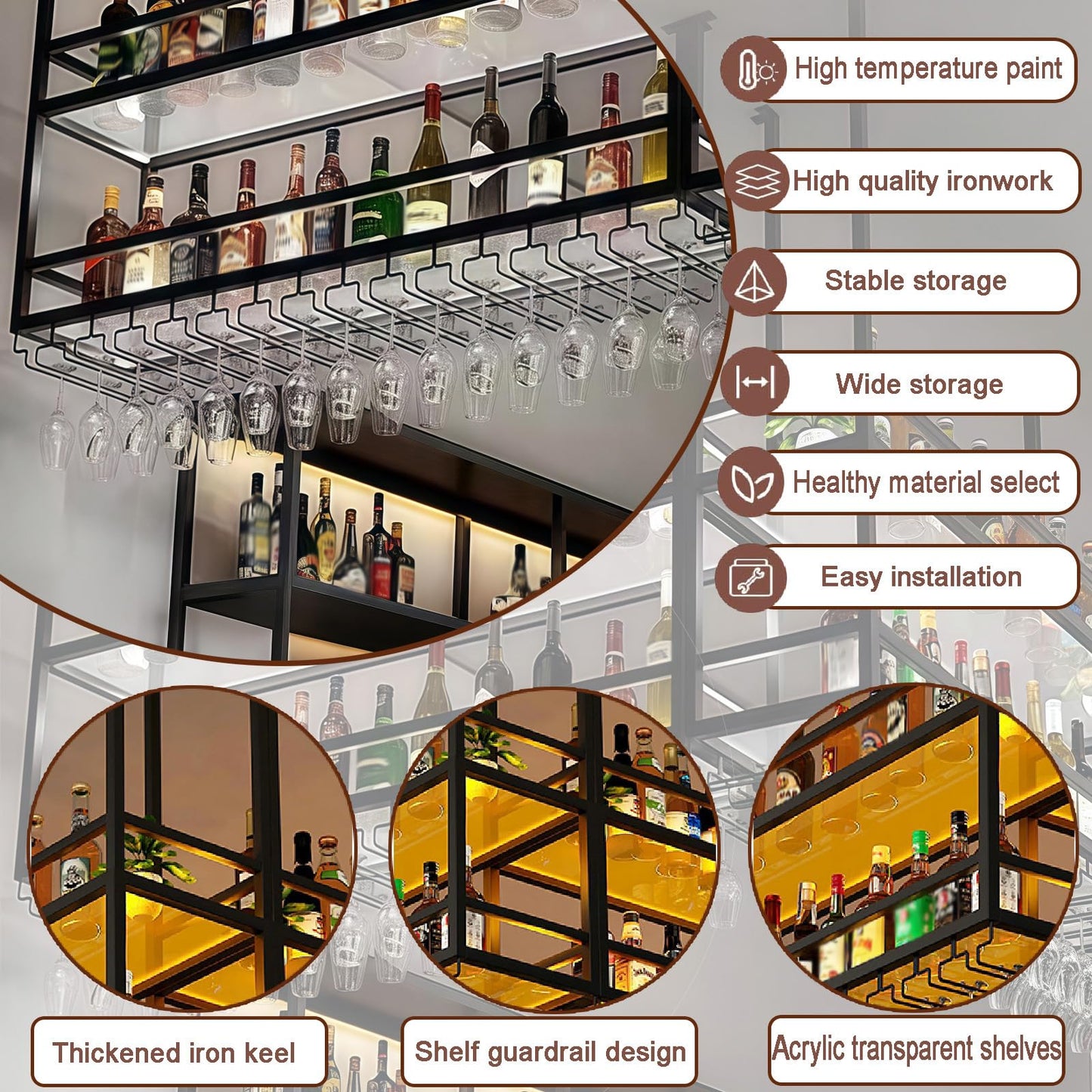 59IN Ceiling Wine Glass Rack with light, Acrylic Hanging Wine Rack with Glass Holder and Transparent Shelves, Wine Bottle Holder Goblet Stemware Racks Modern Home Bar Coffee Decor Rack (150CM)