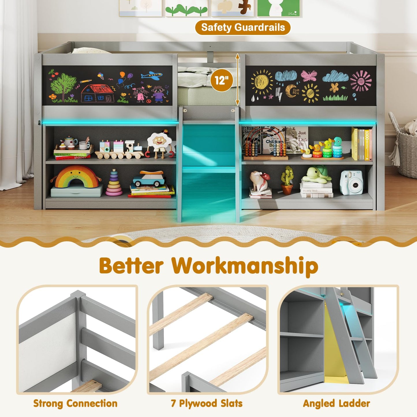 Giantex Low Loft Bed with LED Lights, Wooden Twin Size Loft Bed with Ladder & Blackboard, Twin Bed Frames for Kids with Storage 2 Bookcases and Play Space, Grey