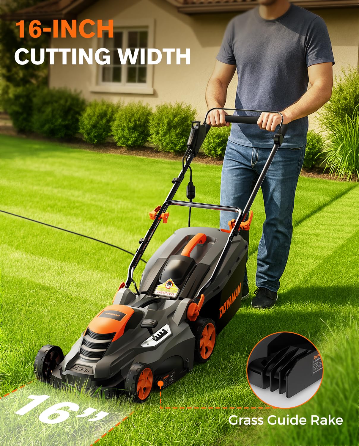 DOVAMAN 13Amp 16" Lawn Mower, 98% Collection, 13.2-Gallon Bag, 5-Position Height Adjustment, 3-Step Quick Vertical Fold Storage, 2-in-1 Mulching & Bagging, Corded Lawn Mower for Your Garden