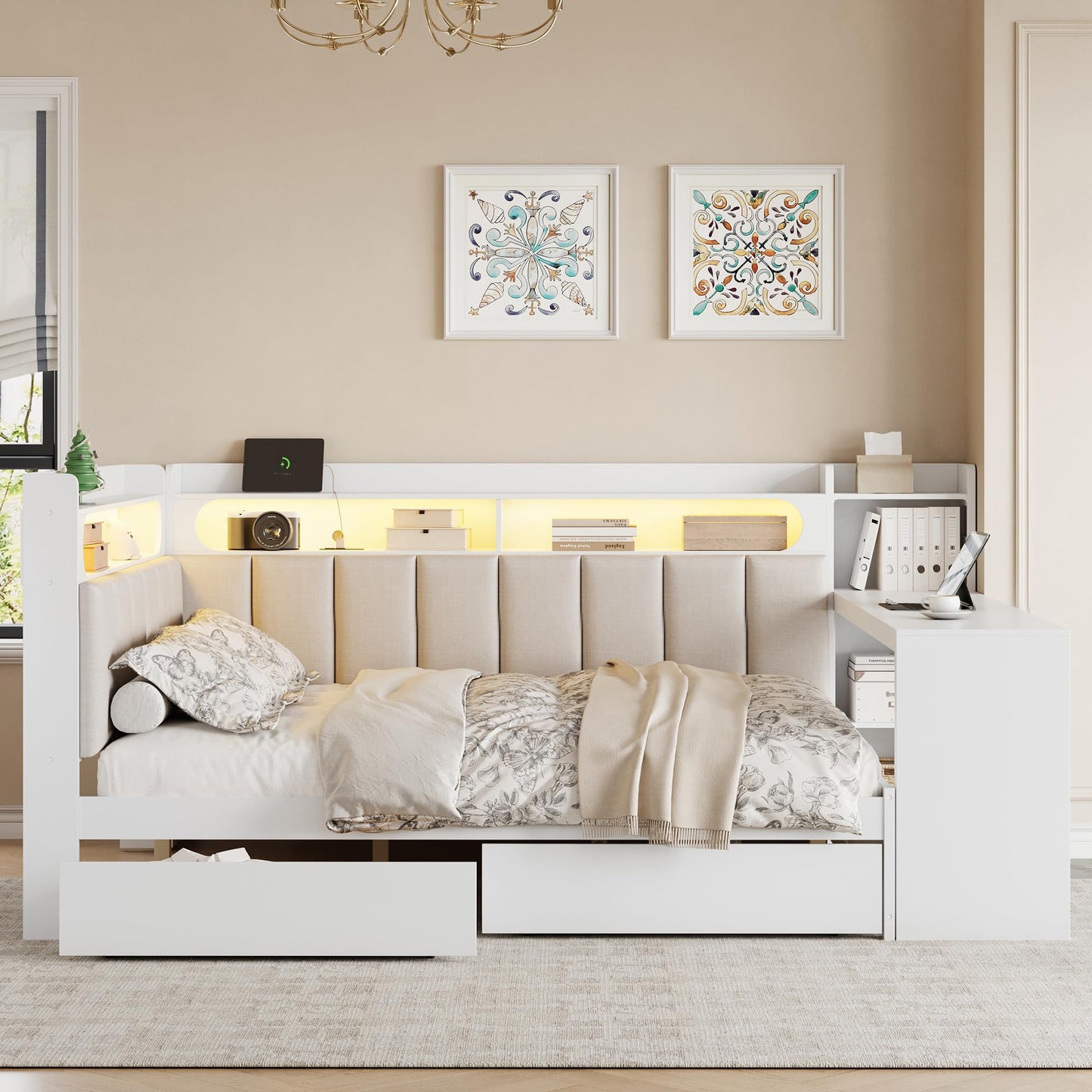 Merax Full Size Multifunctiona Daybed with Storage Drawers and Built-in Shelves & Desk, Corner Bed Frame with Charging Station, LED Light, Upholstered Headboard and Backrest