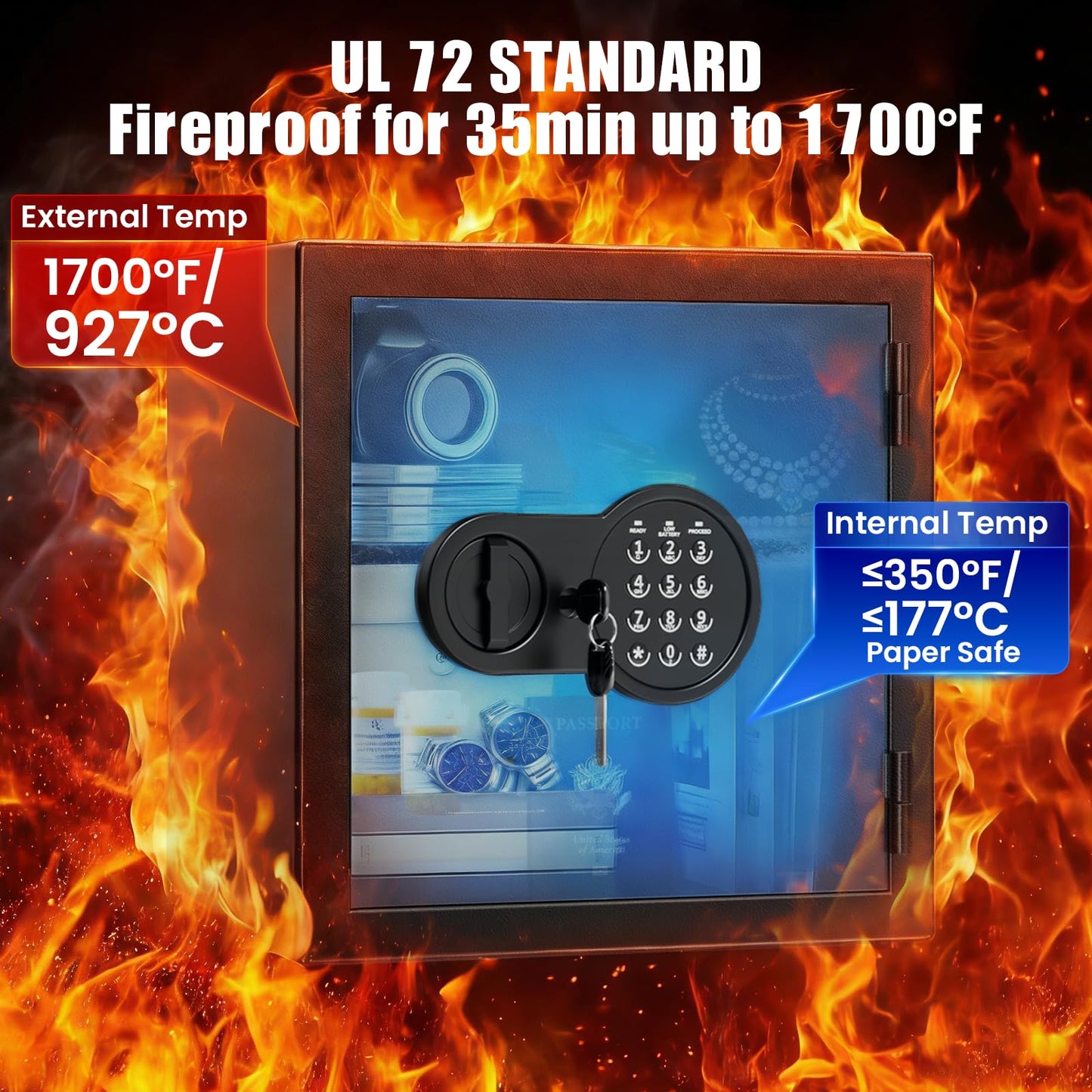 Mitlvge 2.0 Cuft Fireproof Safe Box, 35-Min Fire Resistant Home Safe with Digital Keypad & Spare Keys, Smart Alarm, Silent Mode, Fireproof Waterproof Security Safe with Removable Shelf