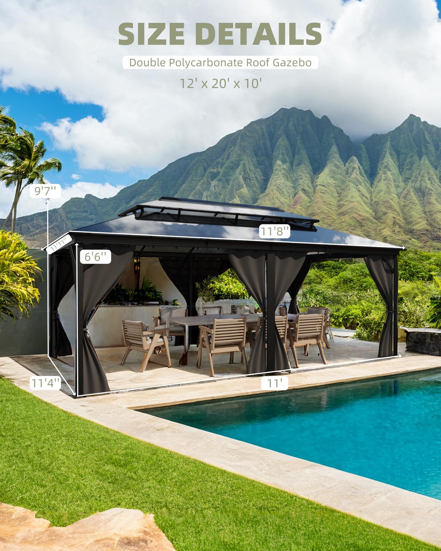 12' x 20' Permanent Hardtop Gazebo - Heavy Duty Aluminum Frame with Double Roof, Includes Curtains & Netting for Patio/Backyard/Garden (All-Weather)