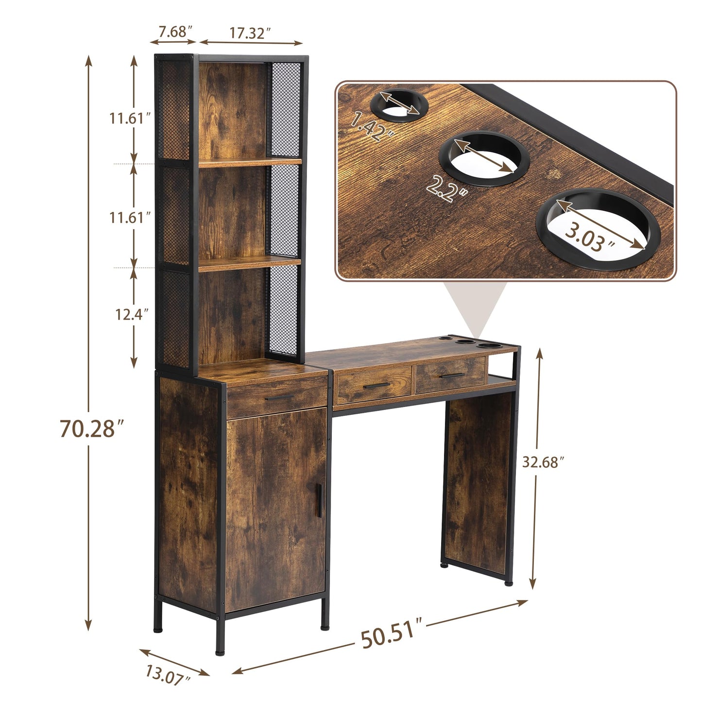 RESHABLE Industrial Wall Mount Salon Barber Station, Hair Styling Station with 3 Drawers, Storage Cabinet, Shelves, Hair Dryer Holes, Beauty Spa Equipment, Rustic Brown