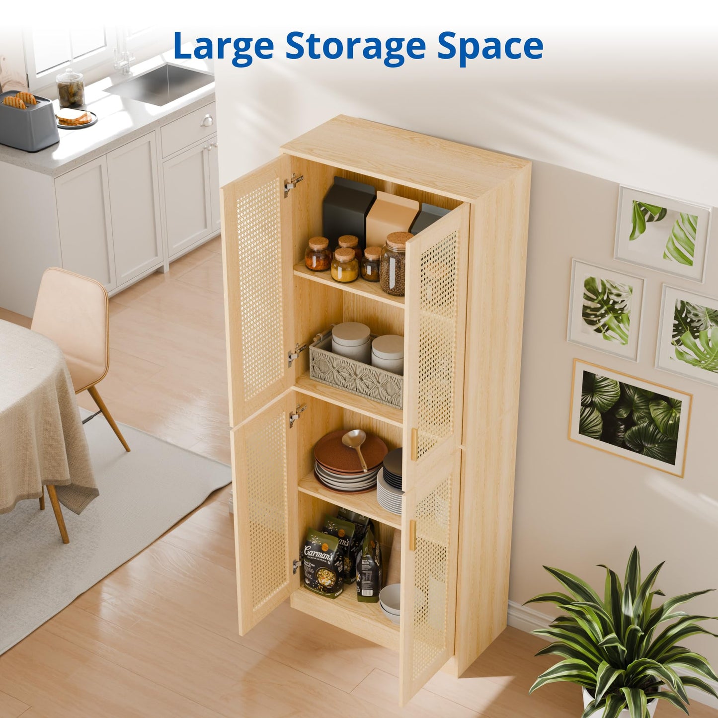 Cozy Castle Kitchen Pantry Cabinet, 71" Tall Rattan Doors Storage Cabinet and Adjustable Shelves, Modern Farmhouse Wood Cupboard Utility Hutch for Kitchen, Dining Room, Living Room (Oak)