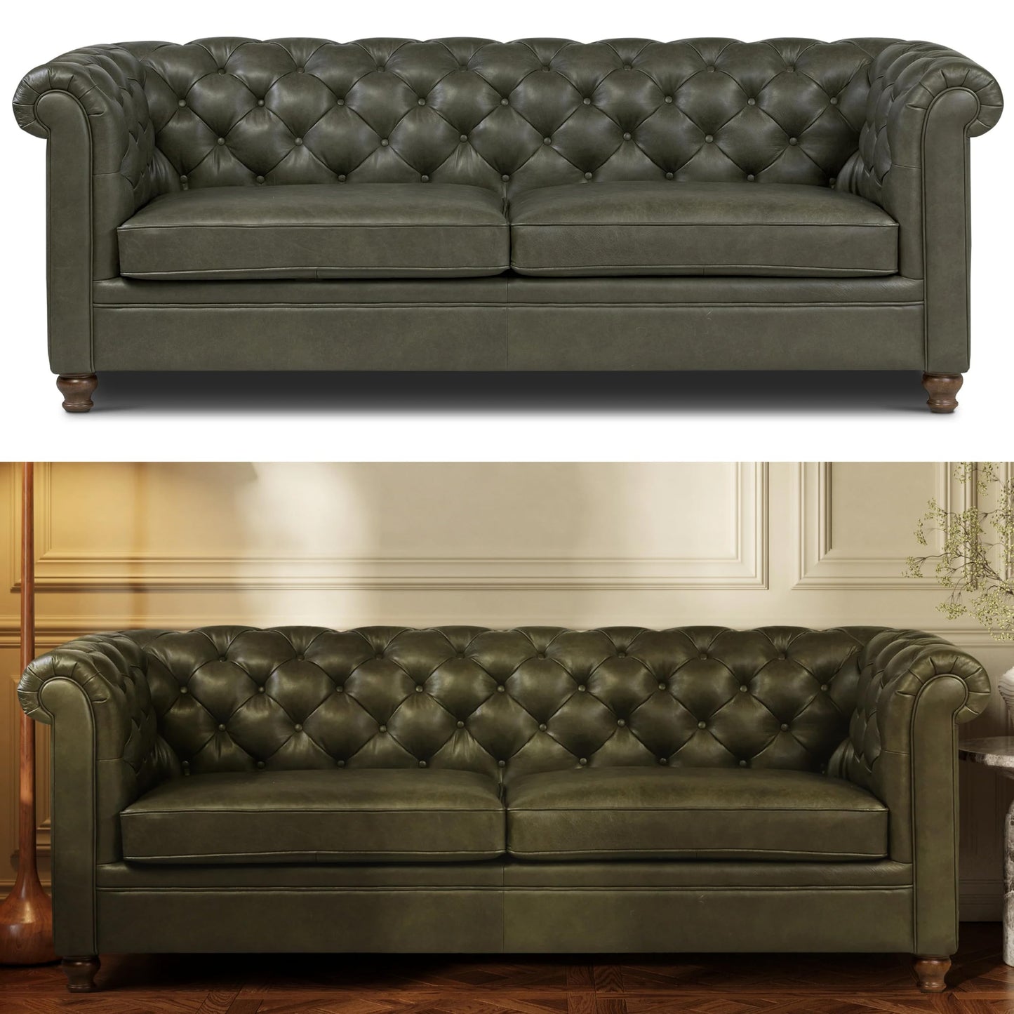 Poly & BARK Lyon Leather Couch - 87.4 Inch Sofa - Full-Grain Leather Sofa for Living Room with Feather-Down Topper - Living Room Couch - Vintage Italian Leather in Olivine Green