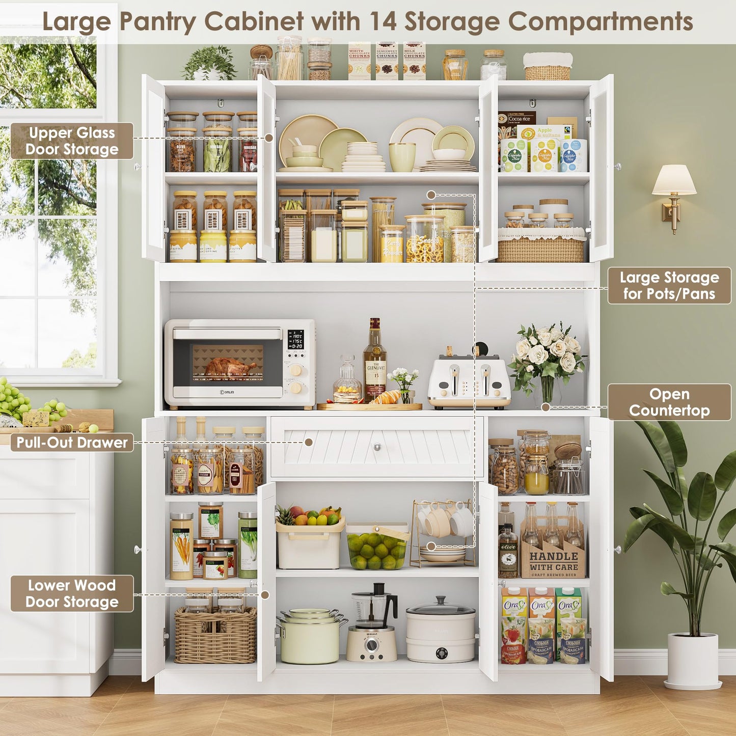 BOTLOG 72" Tall Kitchen Pantry Cabinet, 55.1" Wide Large Kitchen Hutch with Microwave Countertop, Coffee Bar Station with Drawer & Doors, White Freestanding Buffet Cupboard for Dining Room
