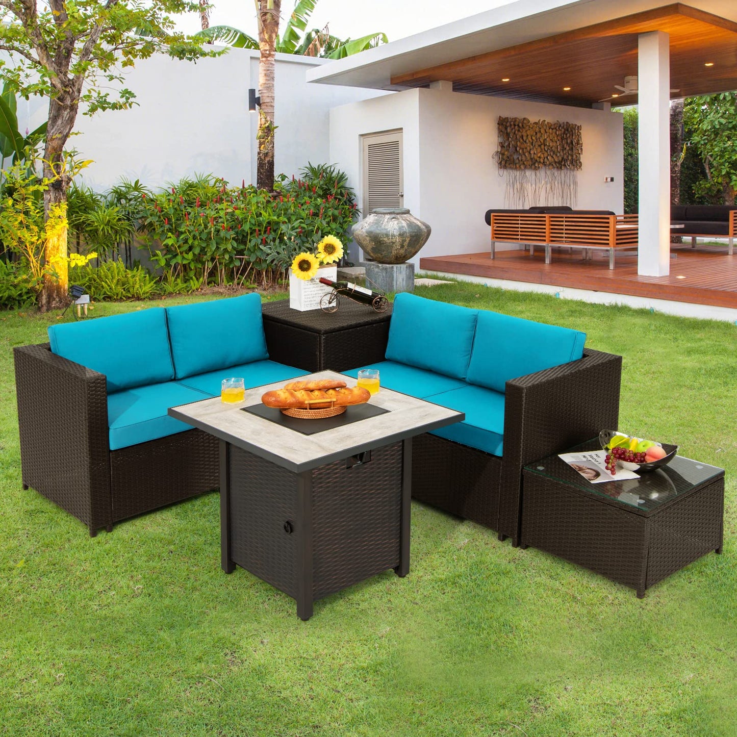 Tangkula 5 Piece Patio Furniture Set with 30 Inches 50,000 BTU Gas Fire Pit Table, Outdoor Wicker Conversation Sectional Sofa Set with Storage Box and Coffee Table, for Poolside, Deck (Turquoise)