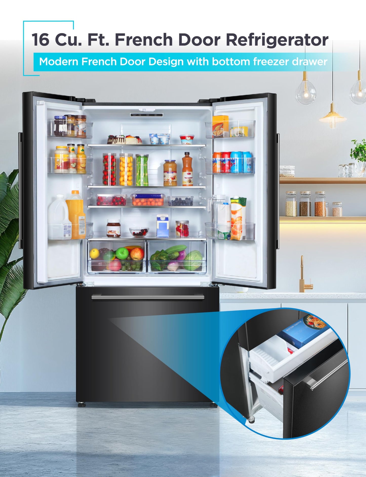 BLACK+DECKER 16 Cu. Ft. French Door Refrigerator with Built-in Ice Maker, Full Size Refrigerator with Bottom Mount Freezer Drawer, Frost Free, ENERGY STAR certified, BRF1600GIMB, Black