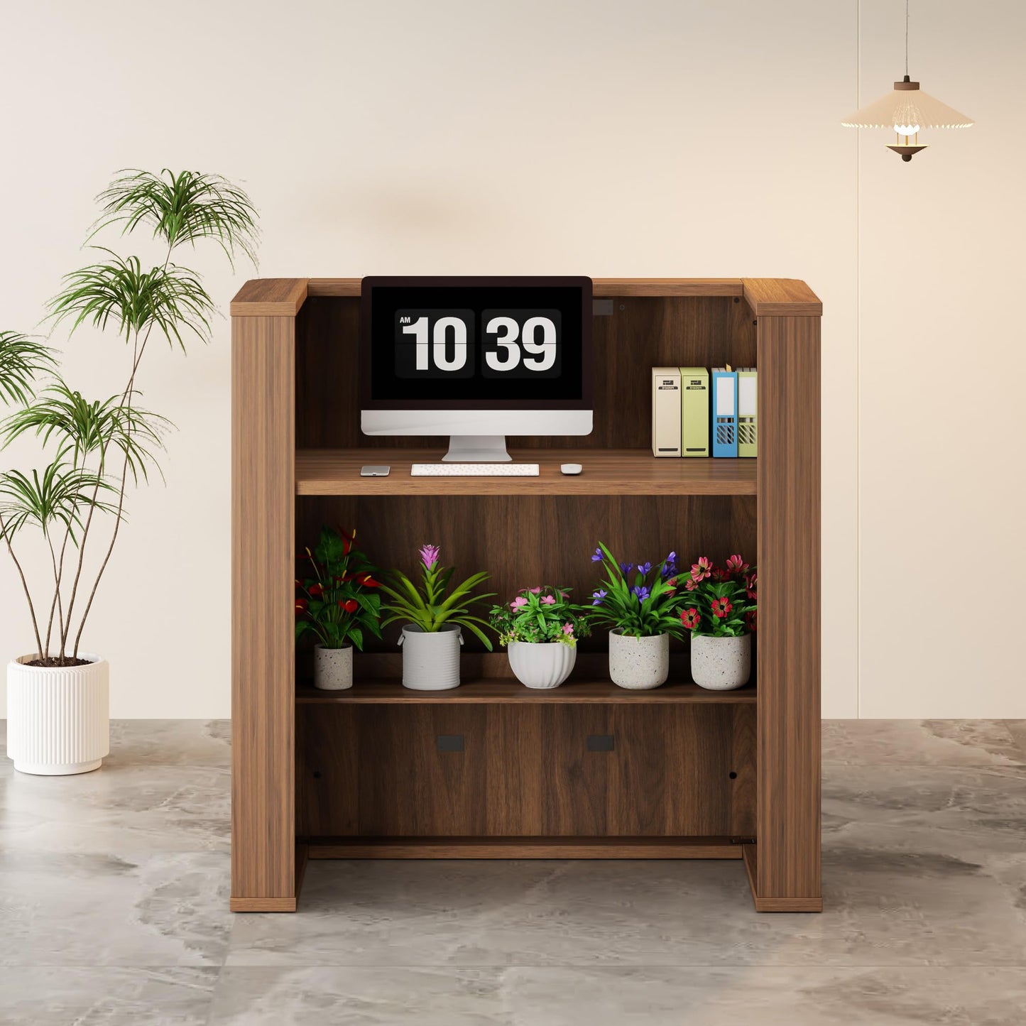 42.1 Inches Reception Desk,Fluted Round Corner Modern Reception Table,Front Counter Table,for Salons, Offices Lobbies Retail Stores and Home Offices (Walnut)