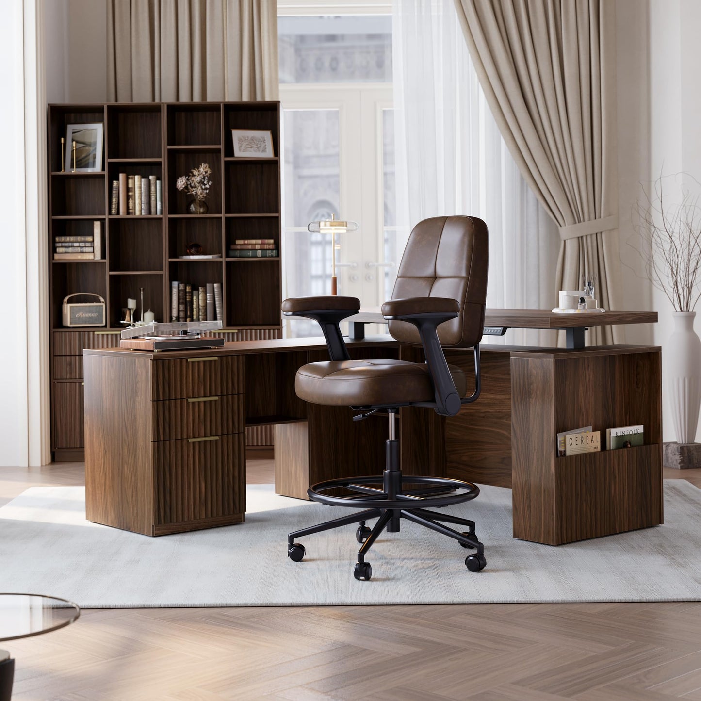 Perledesign Drafting Executive Chair, Tall Office Chair with Padded Flip-Up Armrests, Mid-Back Cushioned Seat, 360° Swivel Rolling Computer Desk Chair for Standing Desk & Home Office, Vintage Brown