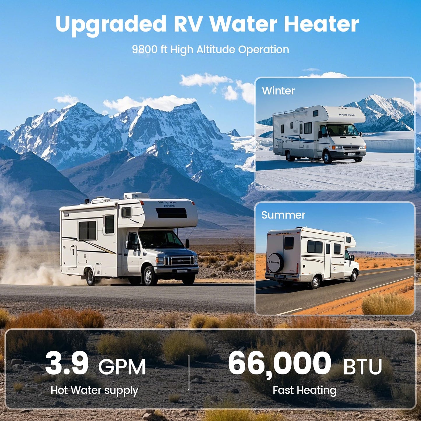 RV Tankless Water Heater with Shower Head, 65,000 BTU Propane Gas, DC 12V, High Altitude Ready with 15x15 Inch Door & Remote Controller Energy Saving & Freeze Protection for RVs