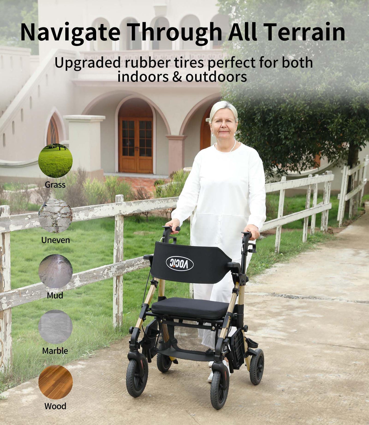 VOCIC Walkers-for-Seniors, Rollator-Walker-with-Seat, Transport-Wheelchair-Lightweight-Foldable, Adult Rolling Walker, Rollator Transport Chair with Brakes, 2 in 1 Walker Wheelchair Combo Z51