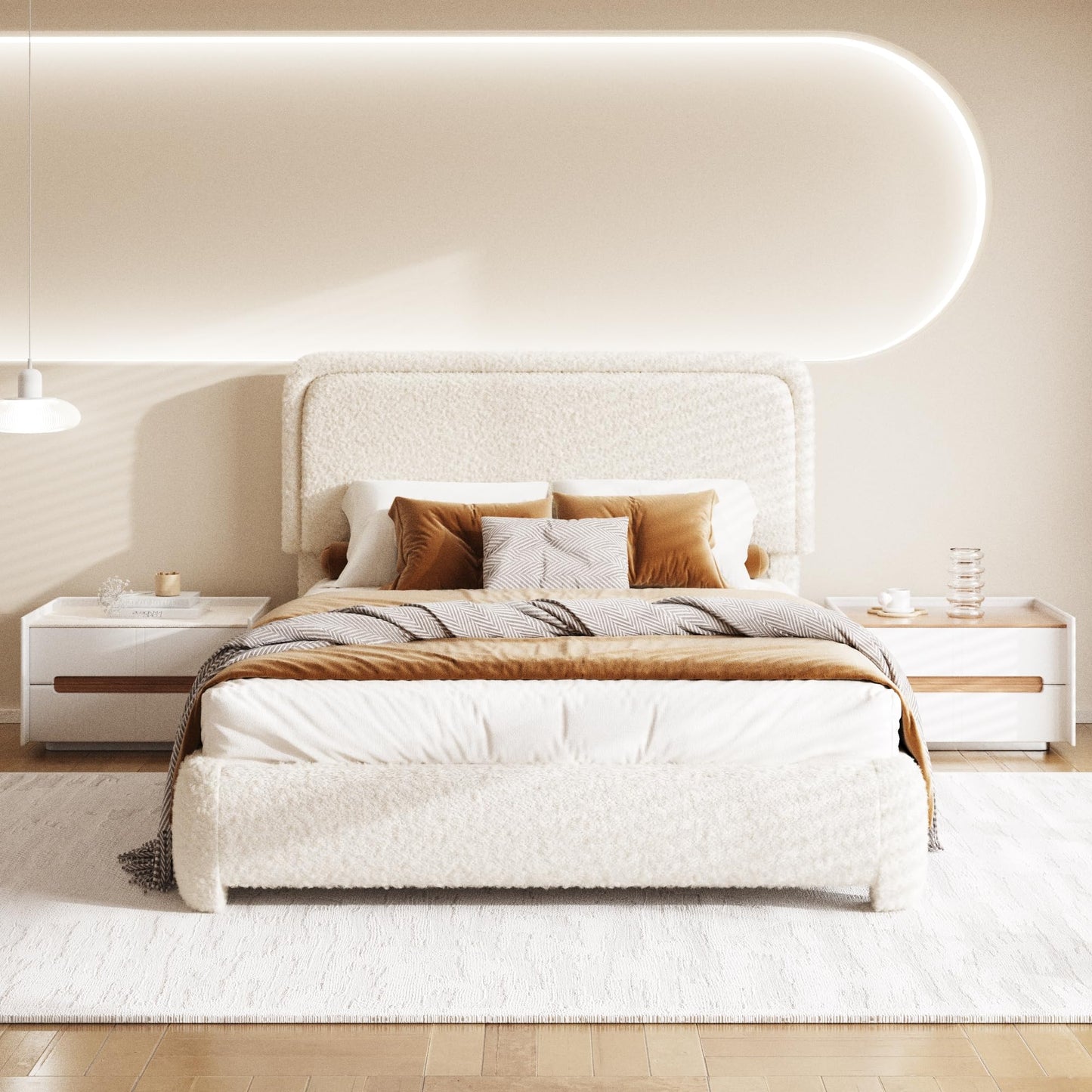 Sismplly Full Size Cloud Bed Frame with Adjustable Padded Headboard (43.3"-45.3"), Boucle Fabric, Upholstered Platform Bed, Modern Soft Bed Base, No Box Spring Needed, Easy Assembly, Beige