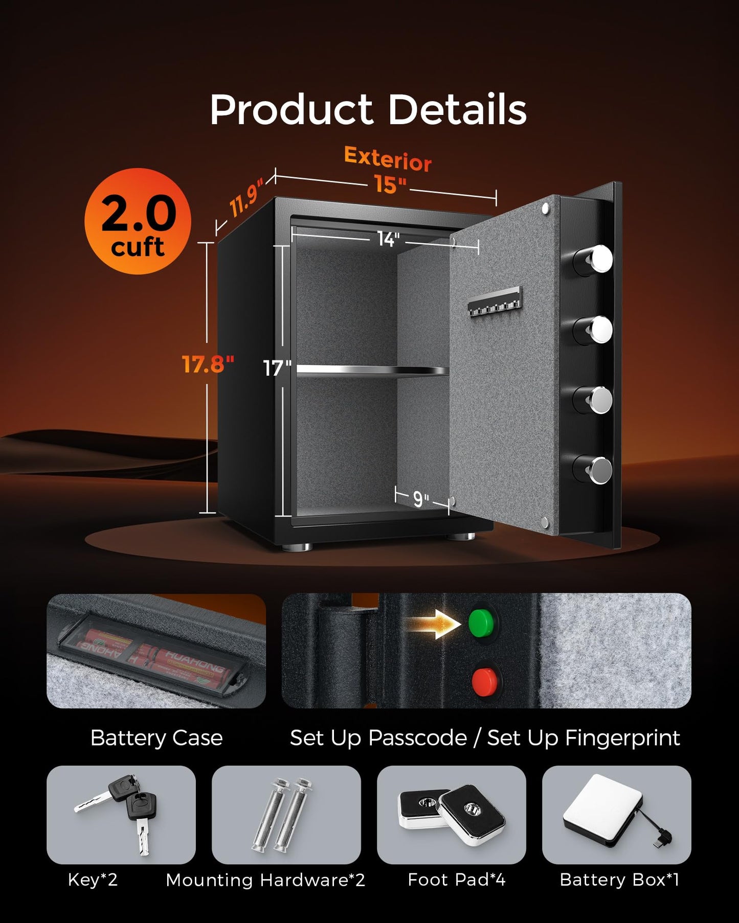DAYI Fireproof Safe, 2.0 Cubic Feet Biometric Fingerprint Fire Proof Safes Box for Home Documents Money, Digital Touchpad Security Safe Dual Alarm System - DY-45FP