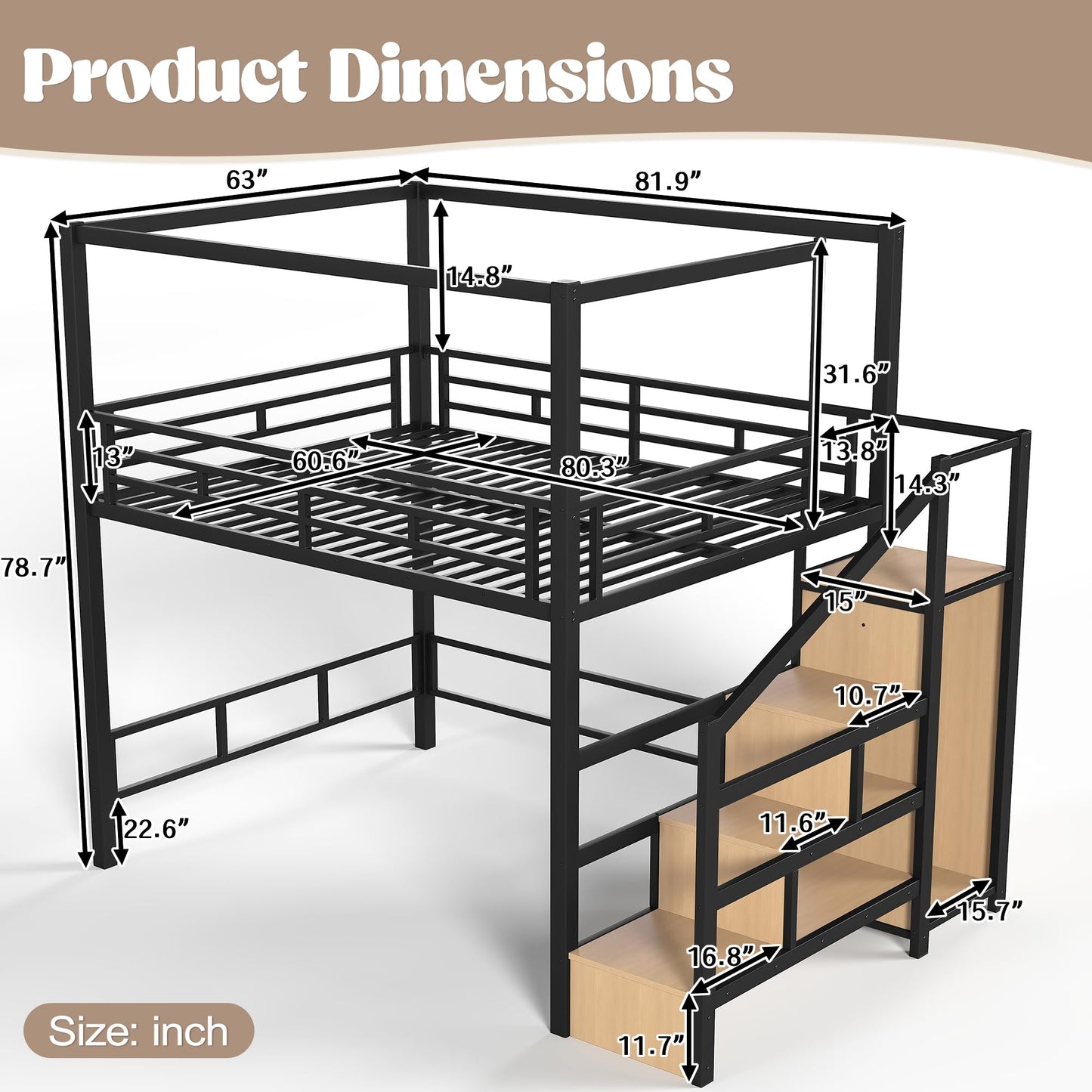 Bellemave Queen Size Loft Bed Frame with Storage Stairs and Wardrobe, Queen Size Game Loft Bed with Canopy Frame, Heavy Duty Loft Bed for Adults Teens Black