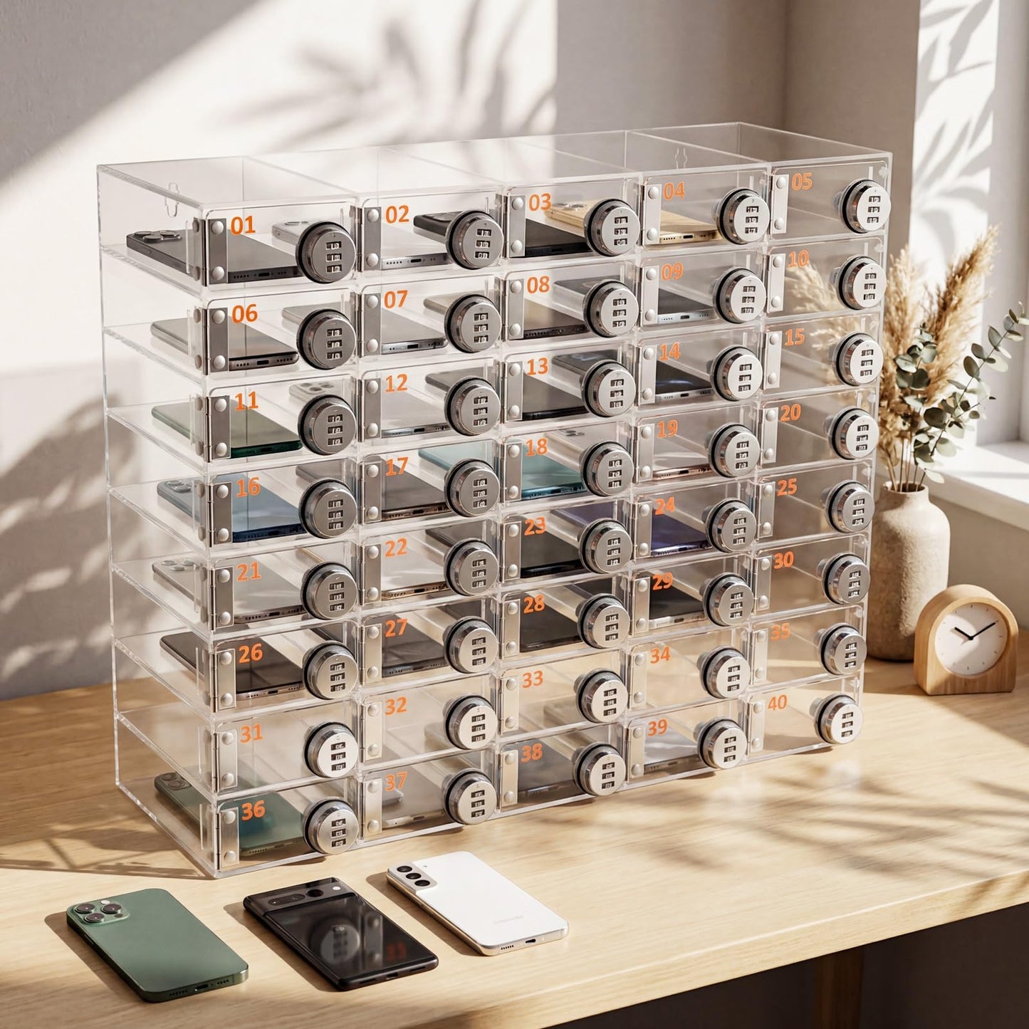 Reallnaive 40 Slots Cell Phone Locker Box with Combination Lock, Clear Acrylic Cell Phone Storage Cabinet Bin, Wall Mounted, for Classroom School Students Office Factory Employees