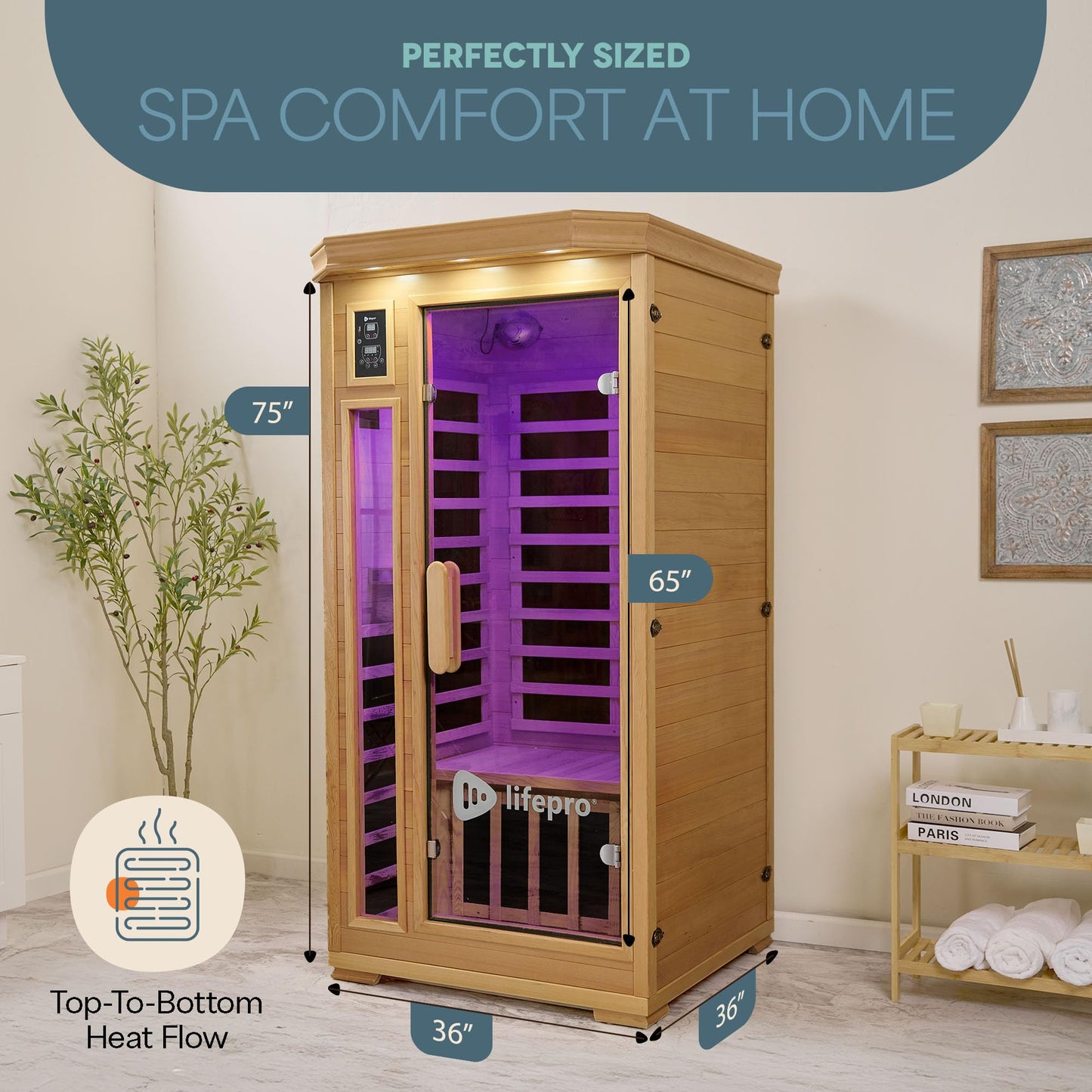 LifePro Rejuvacure 1 or 2 Person Indoor Sauna — Far Infrared Sauna for Home with Chromotherapy Lights — Carbon Fiber Panels, Tempered Glass Door, Canadian Hemlock Wood and Bluetooth Sound System