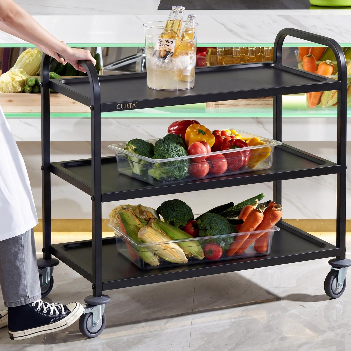 CURTA Black Stainless Steel Serving Cart, 3-Tier Rolling Utility Trolley (38"x20"x37"), Heavy Duty Painted Kitchen Cart on Wheels with Brakes, Commercial Grade for Restaurant, Hotel, Salon & Lab