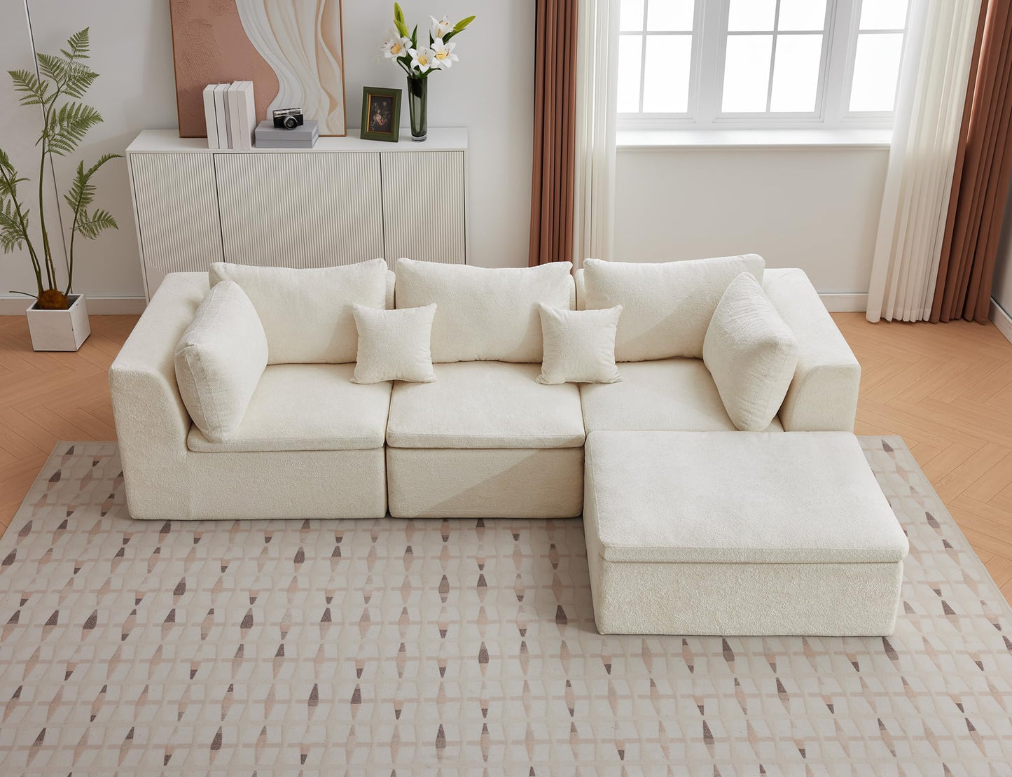 Garvee Cloud Boneless Couch with Ottoman 110" Convertible L Shaped Modular Sectional Sofa with Chaise Deep Seating Chenille Fabric High-Density Memory Foam Pillows for Living Room