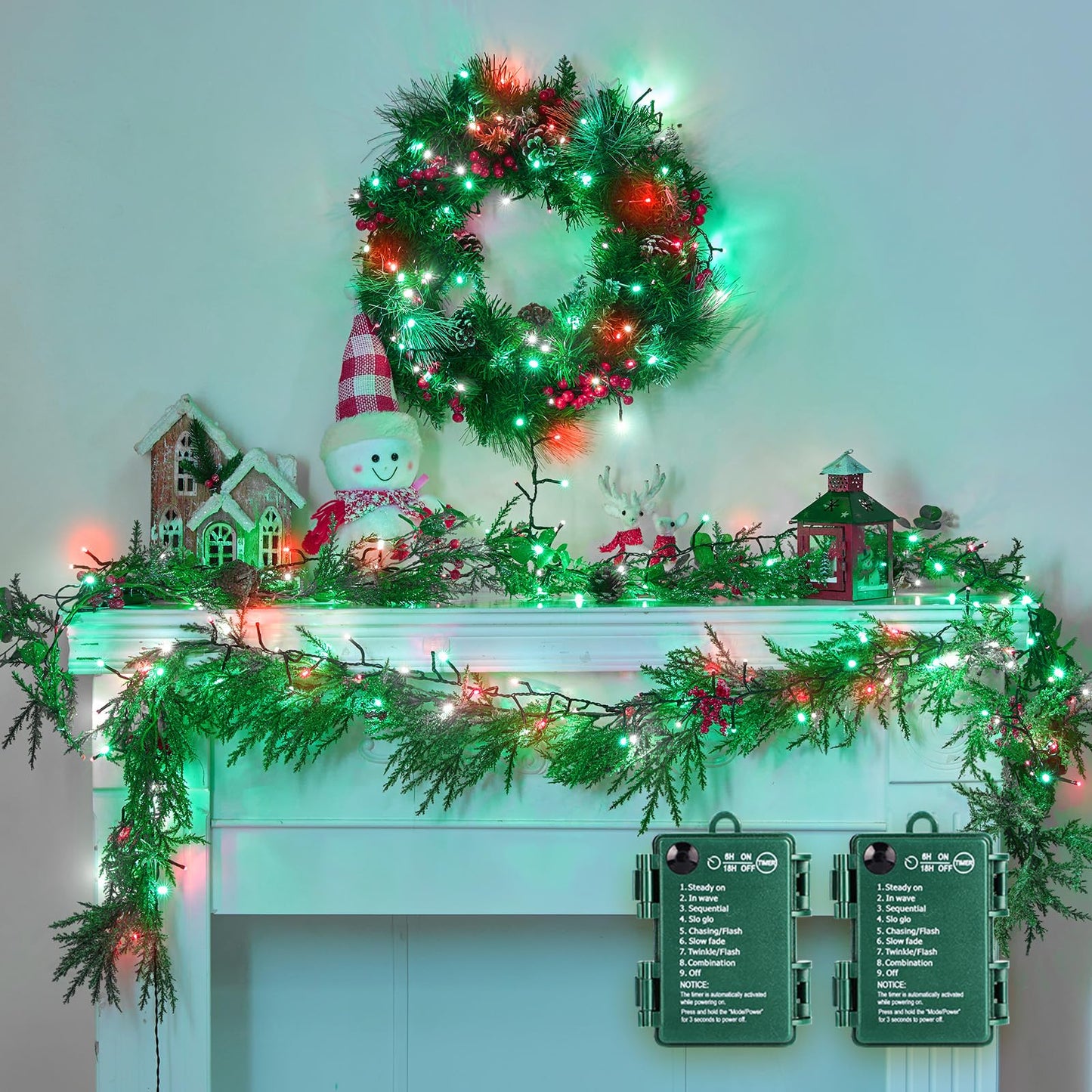 Minetom Christmas Cluster Lights, 120 LED, 10Ft, Battery Operated, Waterproof, 2 Pack, Red Green & White