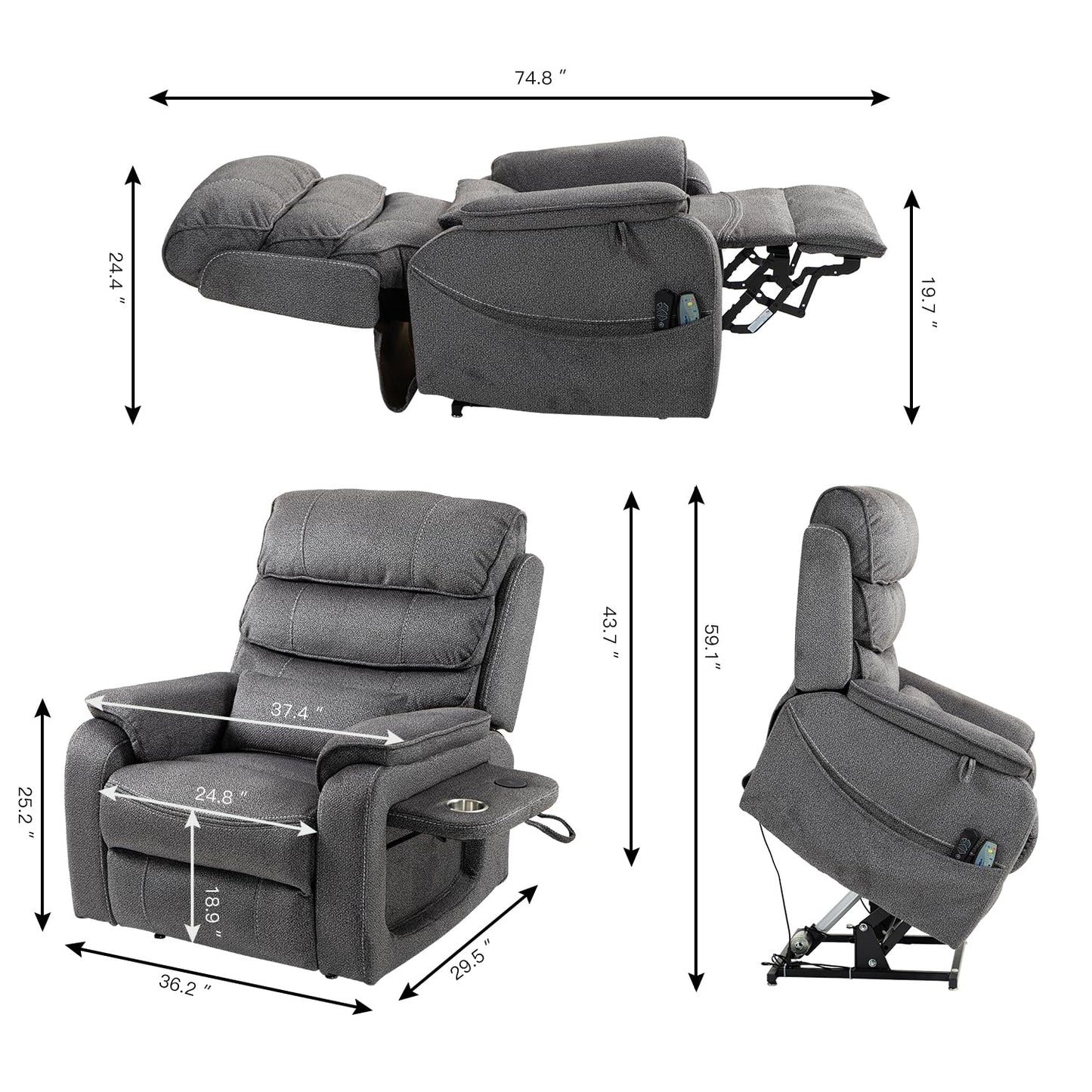 Ball & Cast Lift Recliner Chair with Sides Pockets,Lounge Relax Single Sofa W/Maximum Adjustable Tilt 180 Degrees and Multi-Function Massage & Heat,Armrests W/Cup Holder,for Living Room,Light Brown